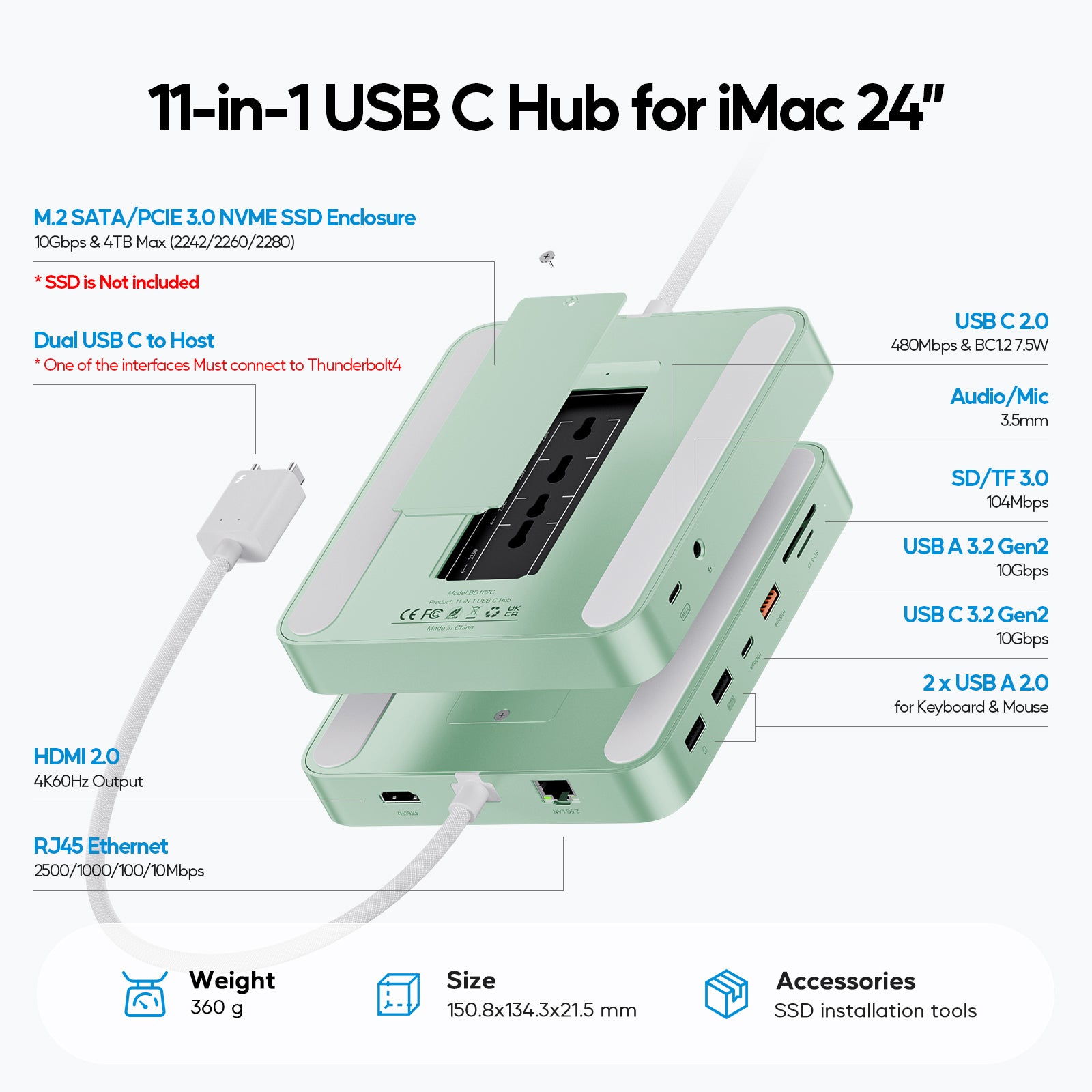 PULWTOP 11 in 1 USB C Hub for iMac 24 inch 2021 2023 2024 USB Hub Docking Station Support M.2 SSD (NOT Included), iMac M1 M3 M4 Accessories, 4K HDMI, 2.5G Ethernet, 5 USB A/C 3.2 10Gbps, SD/TF - Green