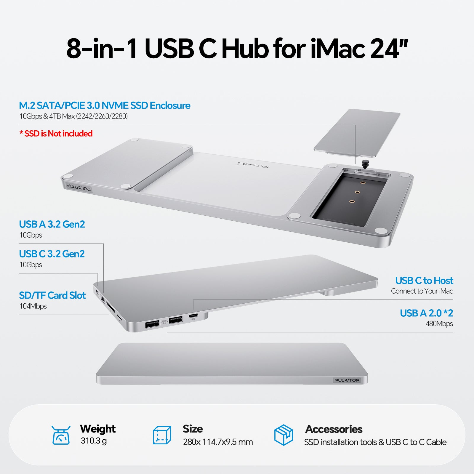 PULWTOP USB C Hub & iMac M1 M3 M4 Slim Dock Accessories ( 8 in 1, Silver, M.2 SSD case)
