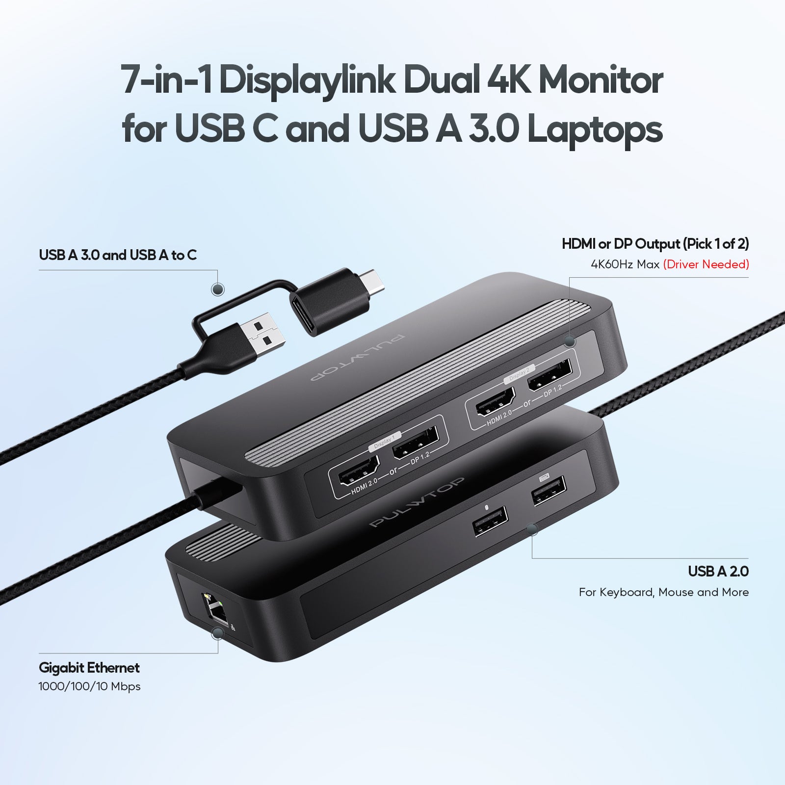 PULWTOP Dual DisplayLink Docking Station with Dual 4K@60Hz Display, 2 USB A 2.0, Ethernet for MacBook M1/M2/M3/Windows