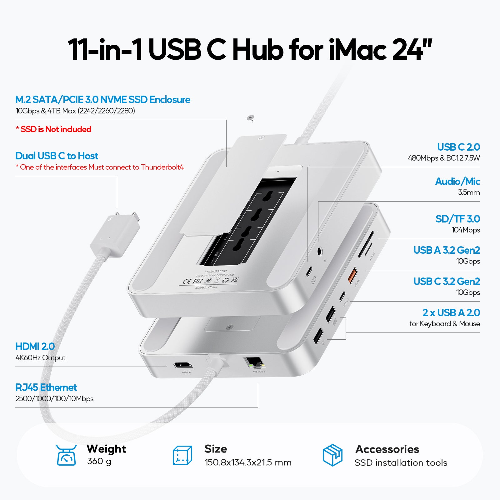 PULWTOP 11 in 1 USB C Hub for iMac 24 inch 2021 2023 2024 USB Hub Docking Station Support M.2 SSD (NOT Included), iMac M1 M3 M4 Accessories, 4K HDMI, 2.5G Ethernet, 5 USB A/C 3.2 10Gbps, SD/TF, Silver