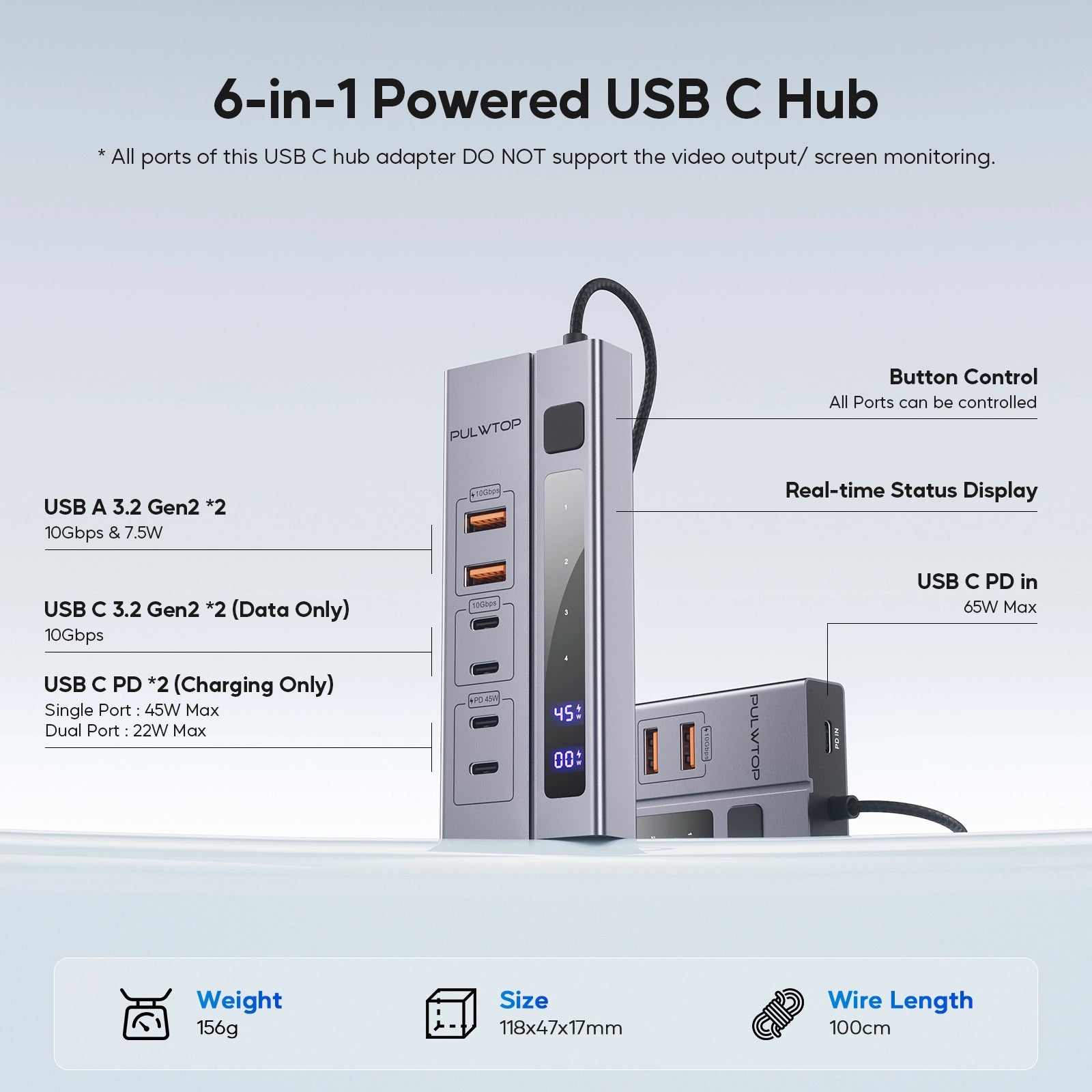 PULWTOP Powered USB C Hub with 65W PD-in Power Adapter