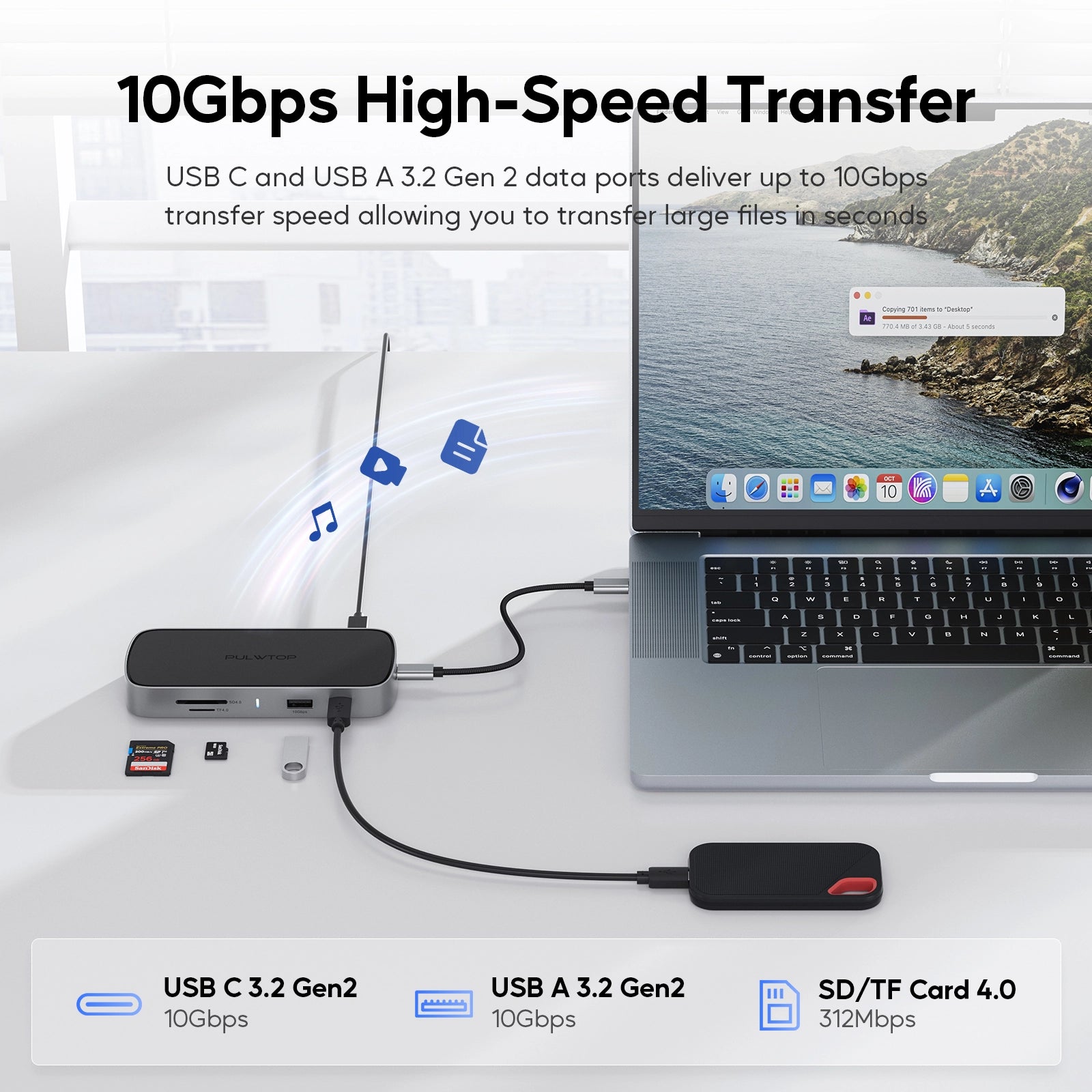 PULWTOP 9 in 1 USB C Mini Dock with 4K@120Hz/8K@30Hz HDMI, 2.5G LAN, 100W PD, USB A/C  10Gbps, SD/TF 4.0, with MacBook and Type c Laptops