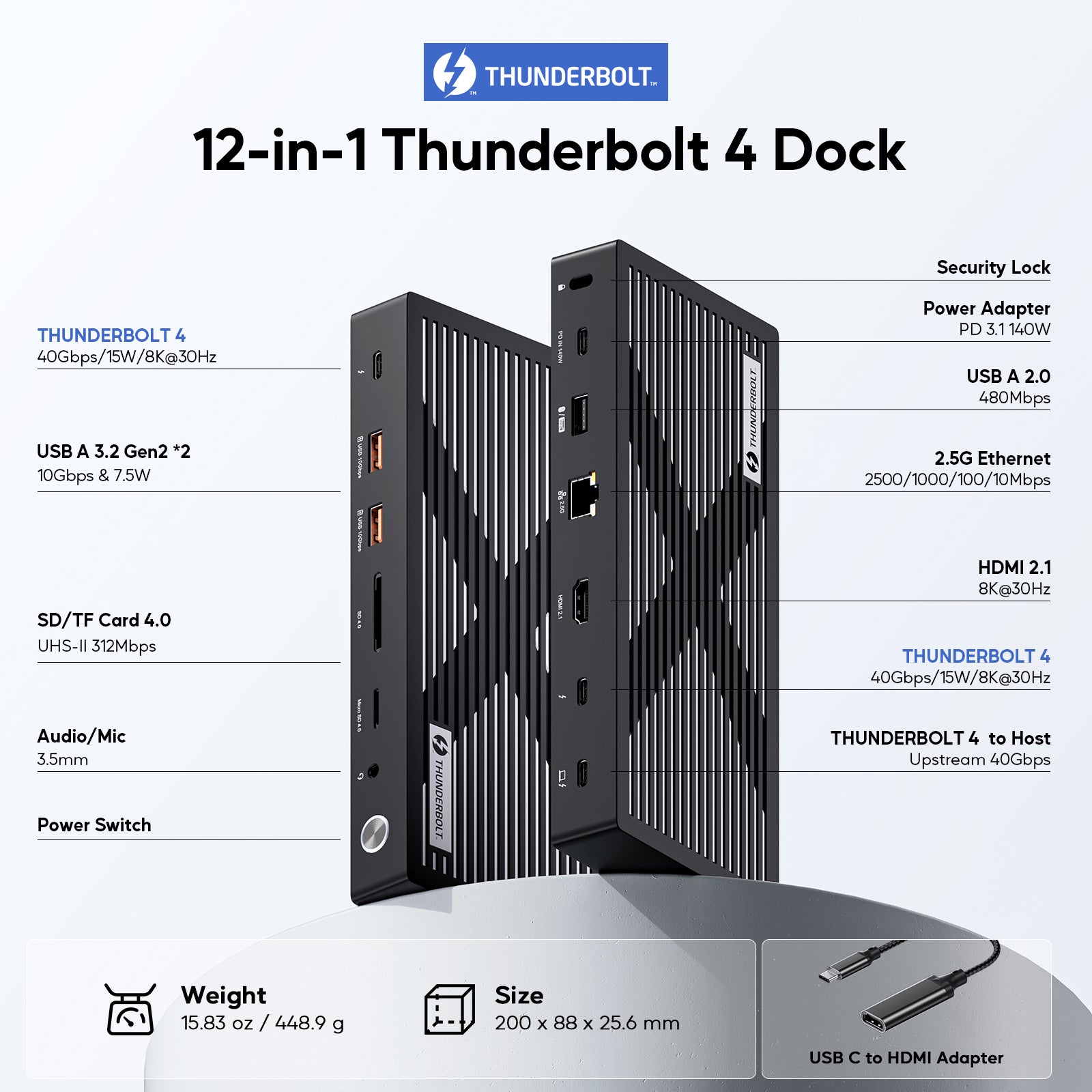 Thunderbolt 4 Dock with PD3.1 140W Adapter - 40Gbps Laptop Docking Station Dual Monitor with Single 8K/6K Display, Dual 4K, SD/TF 4.0, 2.5GbE, USB A/C for Mac&Win Os, Thunderbolt Certified