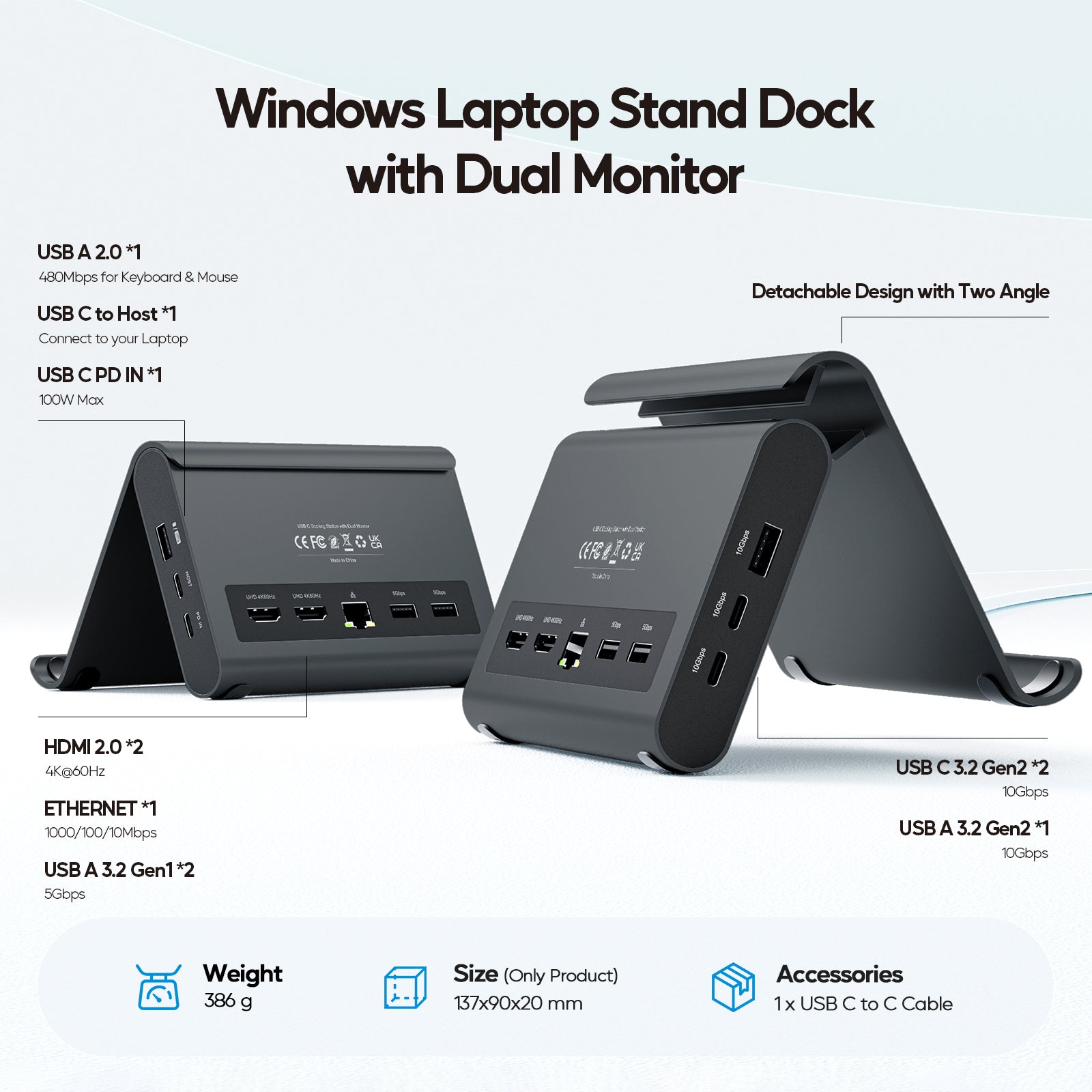 PULWTOP Laptop Docking Station Dual Monitor, Vertical Stand for Surface Pro 11/10/9/8 & Windows Laptops (4K@60Hz HDMI, 3X USB-C/A 10Gbps)