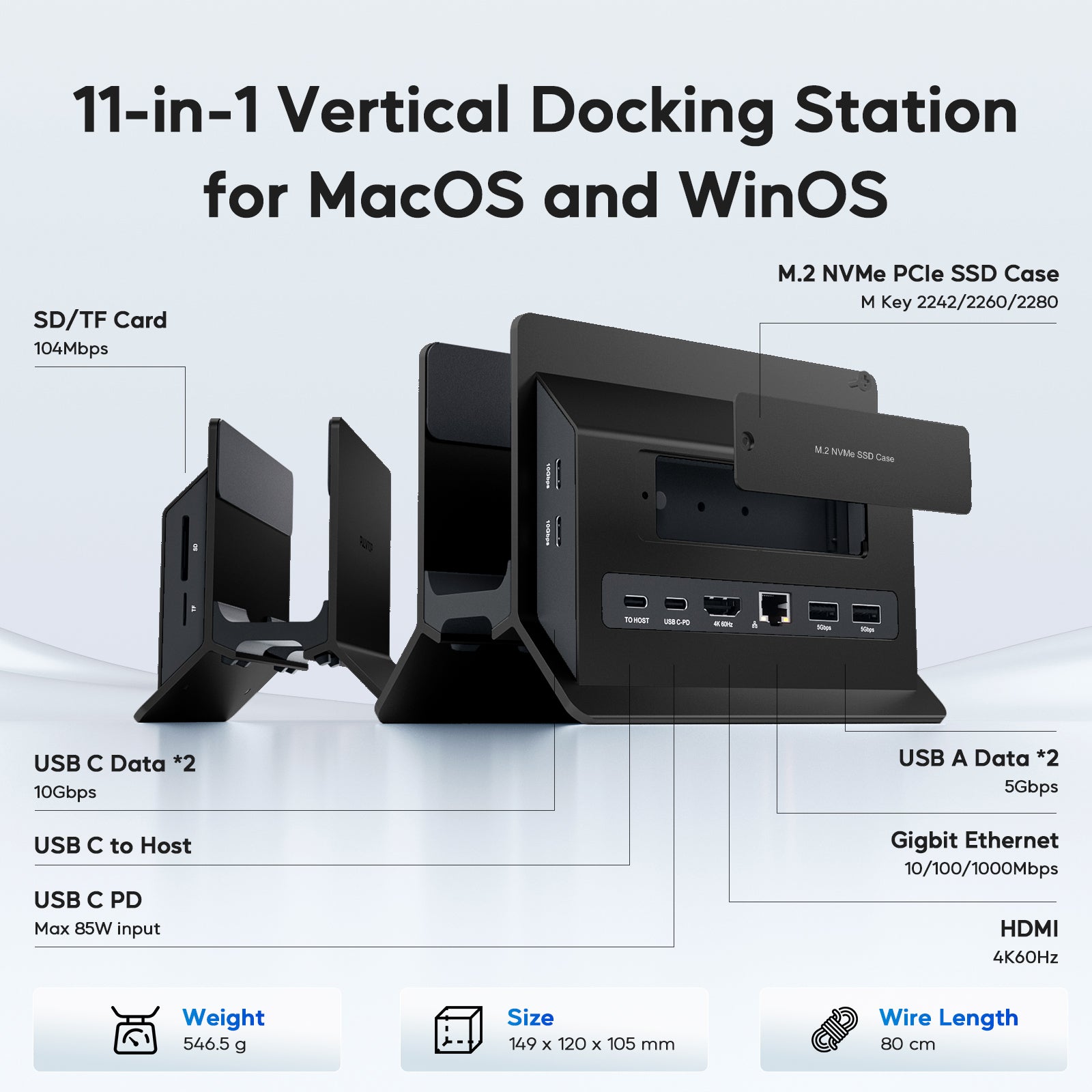 PULWTOP Vertical MacBook Docking Station,PULWTOP Docking Station Support Expand M.2 NVMe (Not Included),11 in 1 Docking Station for MacBook Pro/Air 4K@60Hz HDMI, 2USB C 10Gbps Black