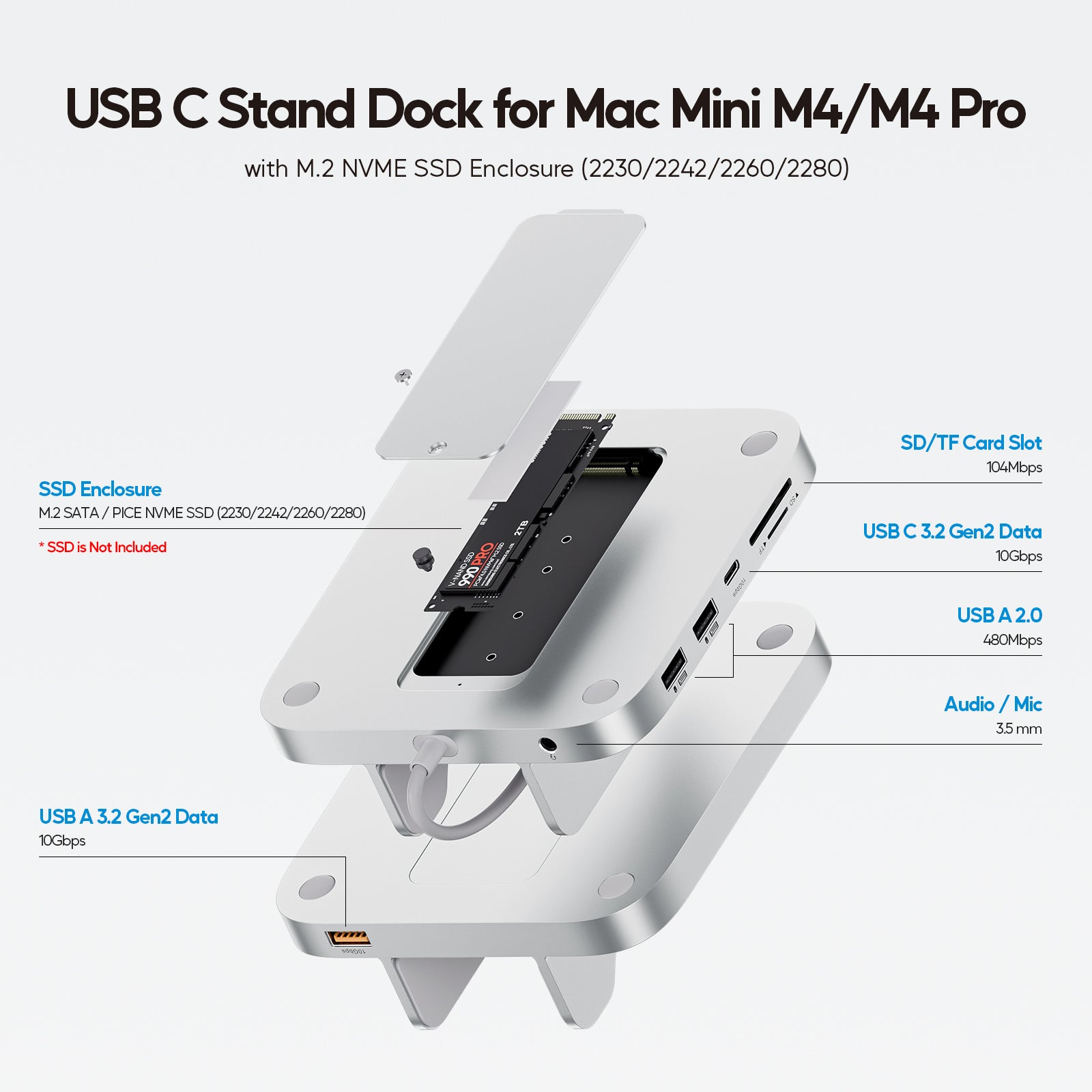 PULWTOP Mac Mini M4 Hub with M.2 SSD Enclosure, 8-in-1 Vertical USB-C Hub Accessories for Mac Mini M4 Pro 2024 Dock Stand with USB A/C 3.2 10Gbps, 2 x USB A 2.0, 3.5mm Audio Mic, SD/TF Card Readers