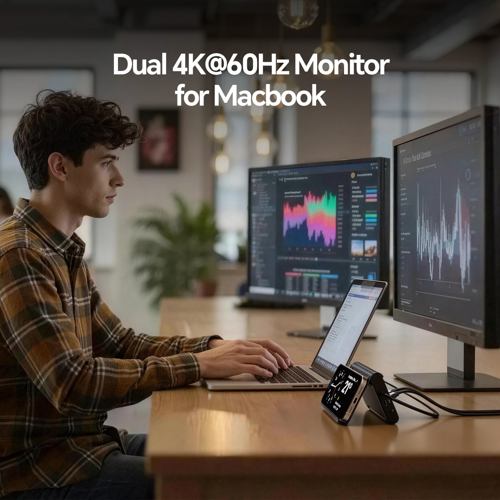 PULWTOP Macbook Docking Station Dual Monitor with 2×HDMI, 10Gbps USB-C/A, Ethernet, Audio for MacBook Pro/Air M4/M5 – Midnight