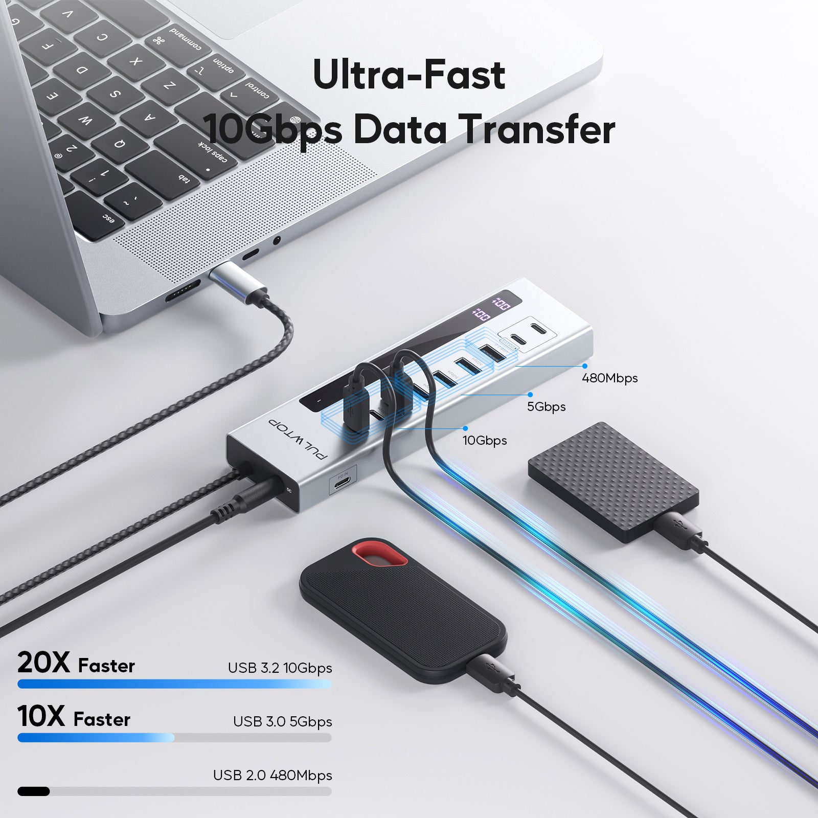 PULWTOP 10-in-1 Powered USB C Hub with 3 x USB A/C 10Gbps, 3 x USB-A 5Gbps, USB A 2.0, 100W USB-C PD-in, 2 x 24/45W USB-C PD Charging Data Hub for PC Laptops (72W Adapter Included)