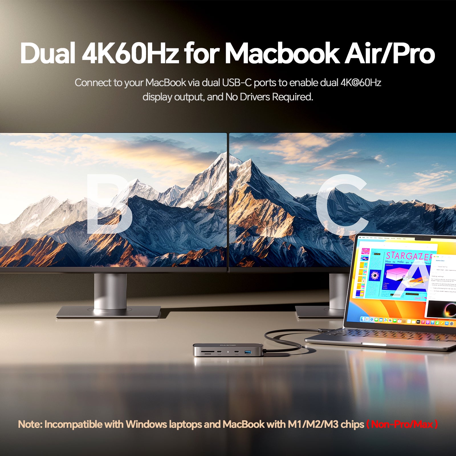 PULWTOP MacBook Pro Docking Station Dual Monitor 4K@60Hz for MacBook Pro/Air M5/M4/M3 Pro & Max, Macbook Pro Dock （2HDMI,PD,Ethernet,USB A/C 10Gbps）