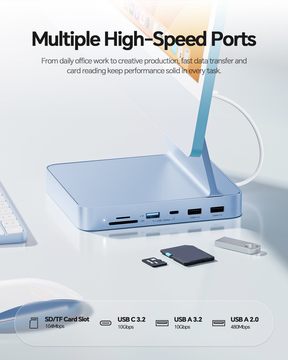 PULWTOP USB C Hub For iMac 24" M1/M3/M4 ( 7-in-1, M.2 SSD case, Blue）