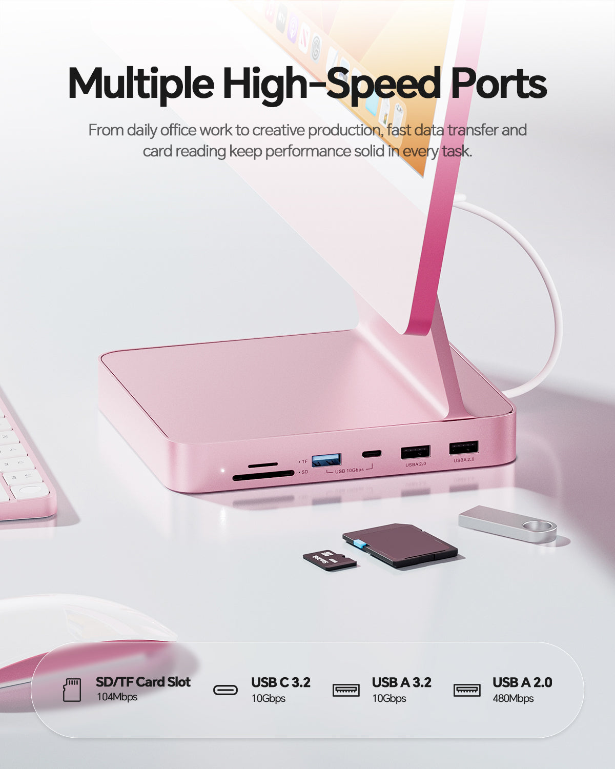 PULWTOP USB C HUB for iMac M4 with M.2 4TB SSD NVMe Enclosure( 7-in-1, M.2 SSD case, Pink)