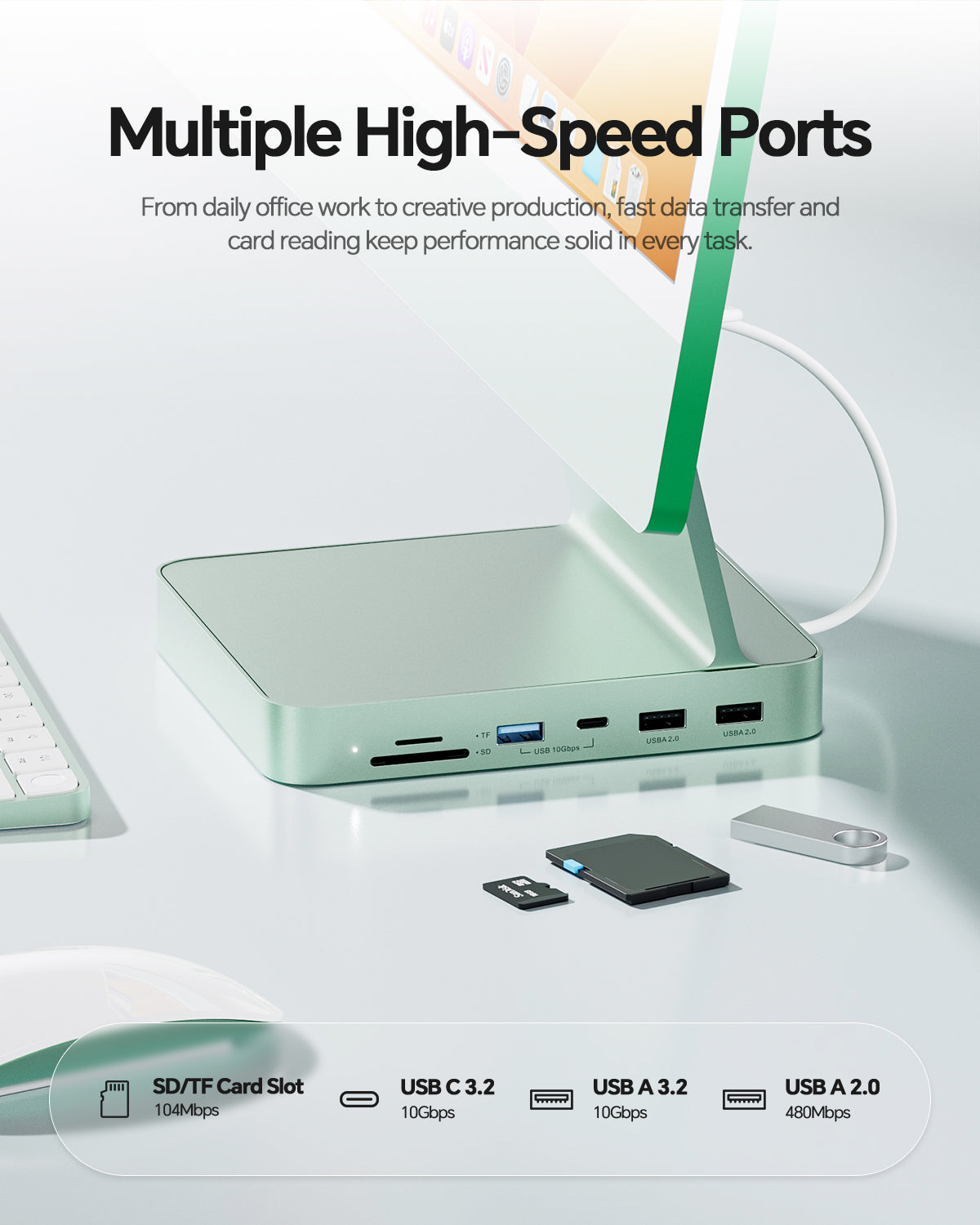PULWTOP USB C Hub For iMac 24" M1/M3/M4 ( 7-in-1, M.2 SSD case, Green）