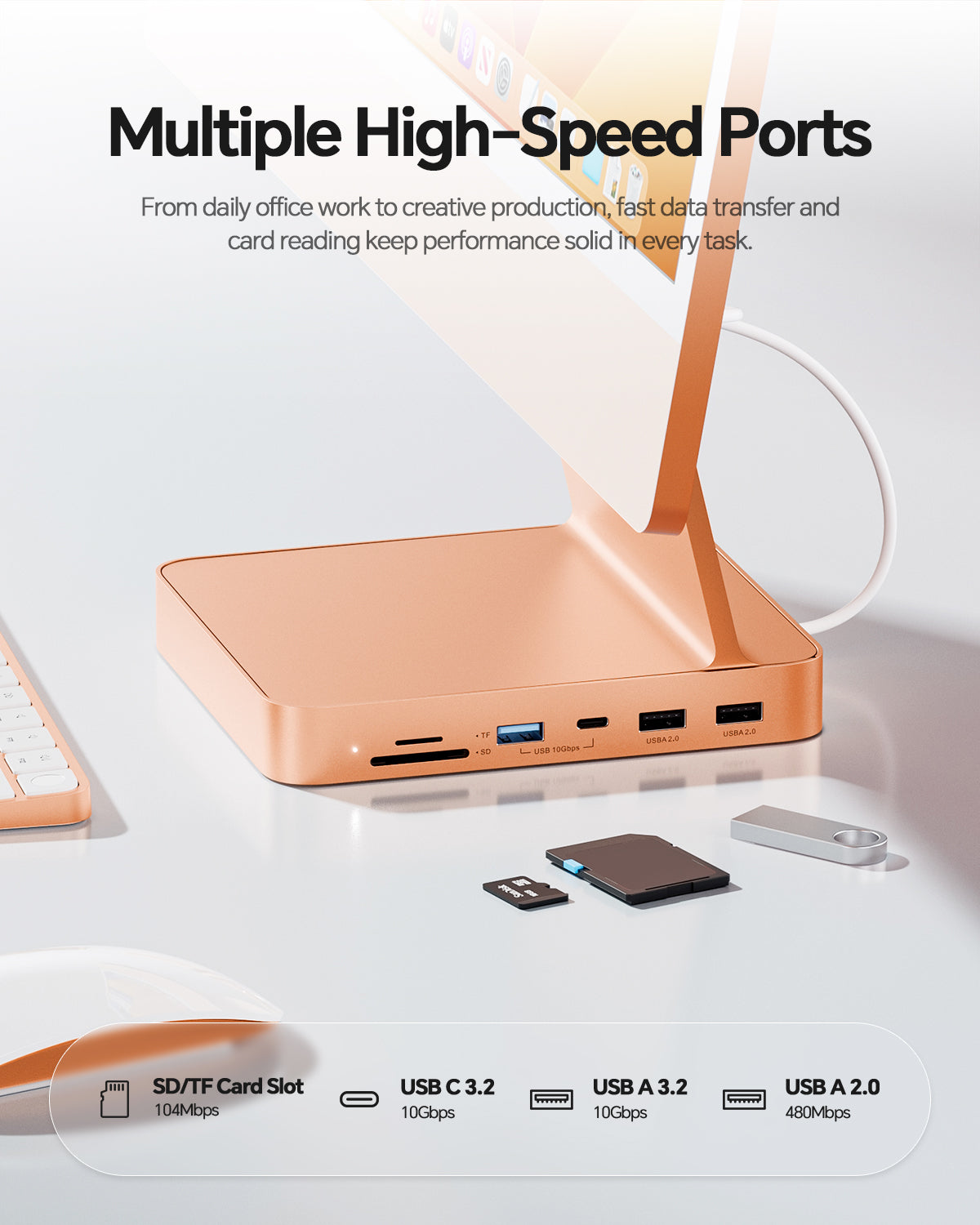 PULWTOP USB C Hub For iMac 24" M1/M3/M4 ( 7-in-1, M.2 SSD case, Orange）
