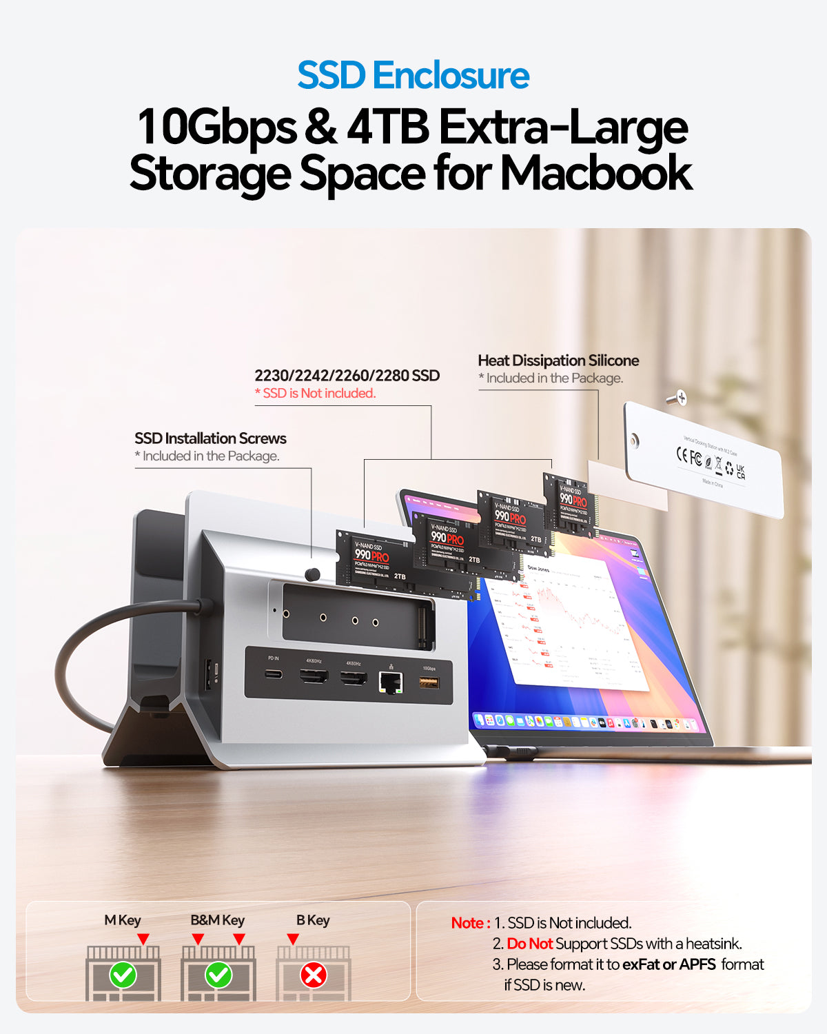 MacBook Docking Station Dual Monitor with 2 HDMI 4K@60Hz, USB A/C 10Gbps, Vertical Dock Stand for MacBook Pro Air M3 M4