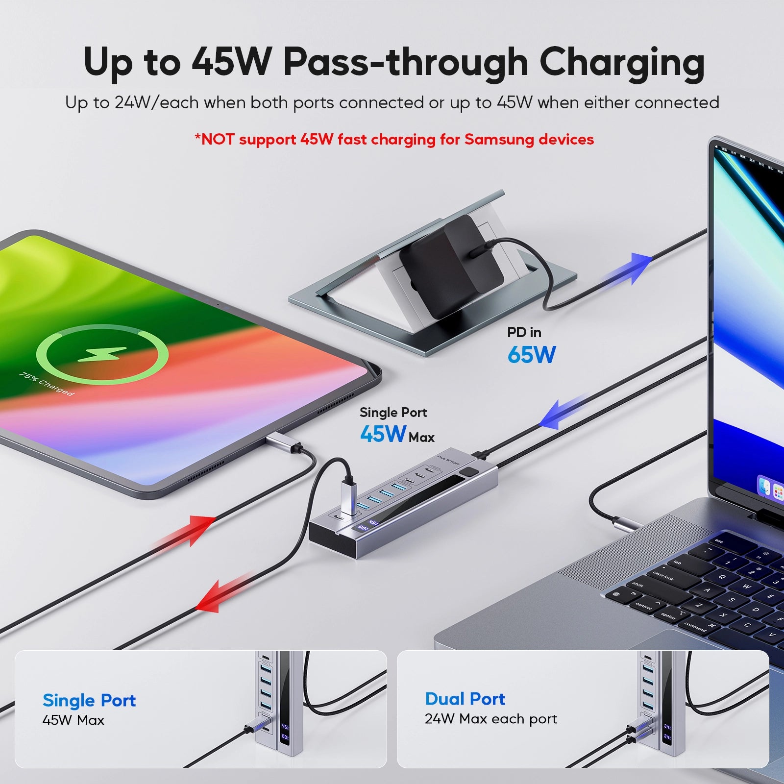 PULWTOP 9-in-1 Powered USB C Hub, USB 3.2 Data Hub with 65W PD-in Power Adapter