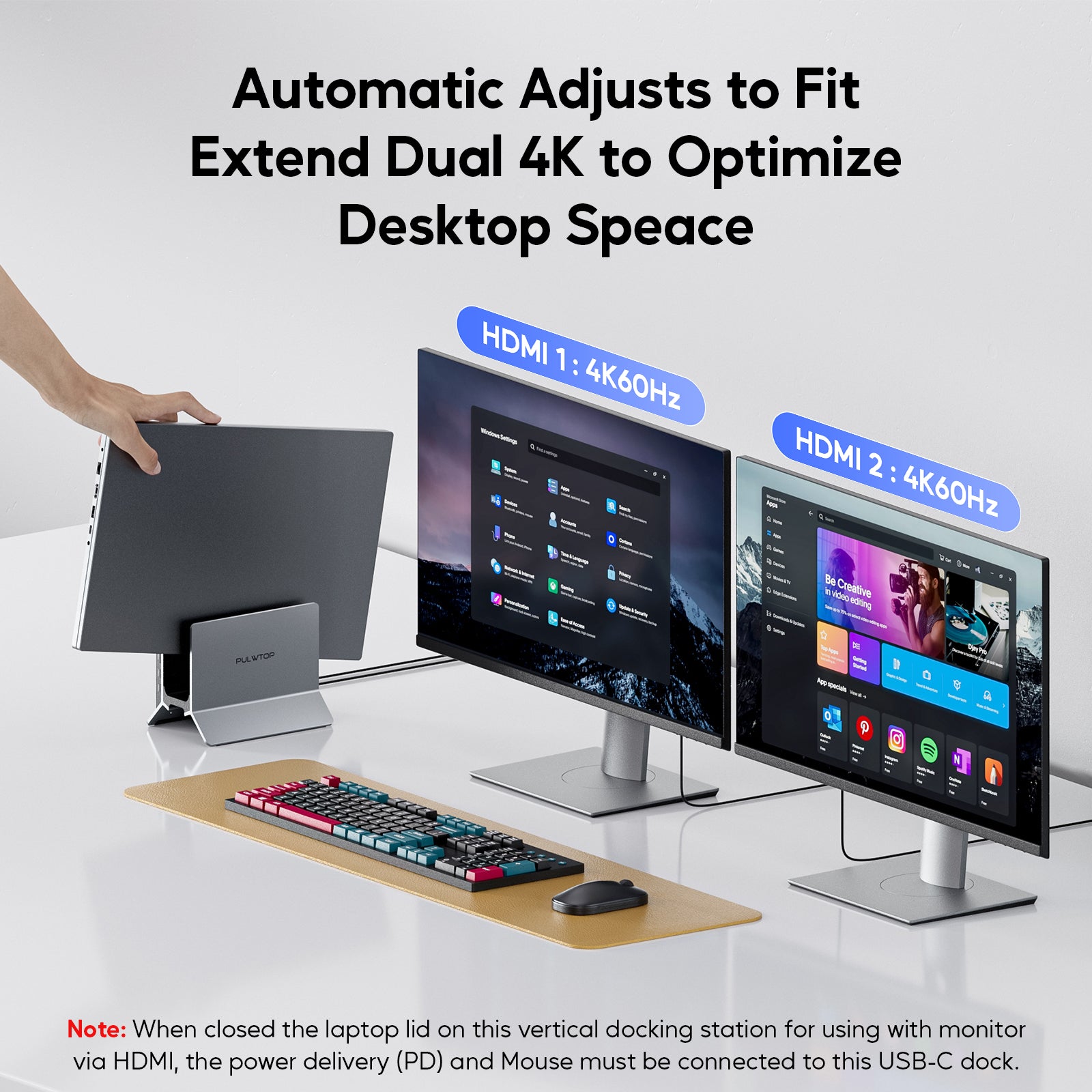 PULWTOP 11 in 1 USB C Docking Station Dual Monitor, Vertical Laptop Dock Stand with 2 x HDMI 4K 60Hz, 3 x USB A/C 10Gbps, 2 x USB A 5Gbps, USB A 2.0, Ethernet, PD3.0 Docking Station for Type-C Laptops