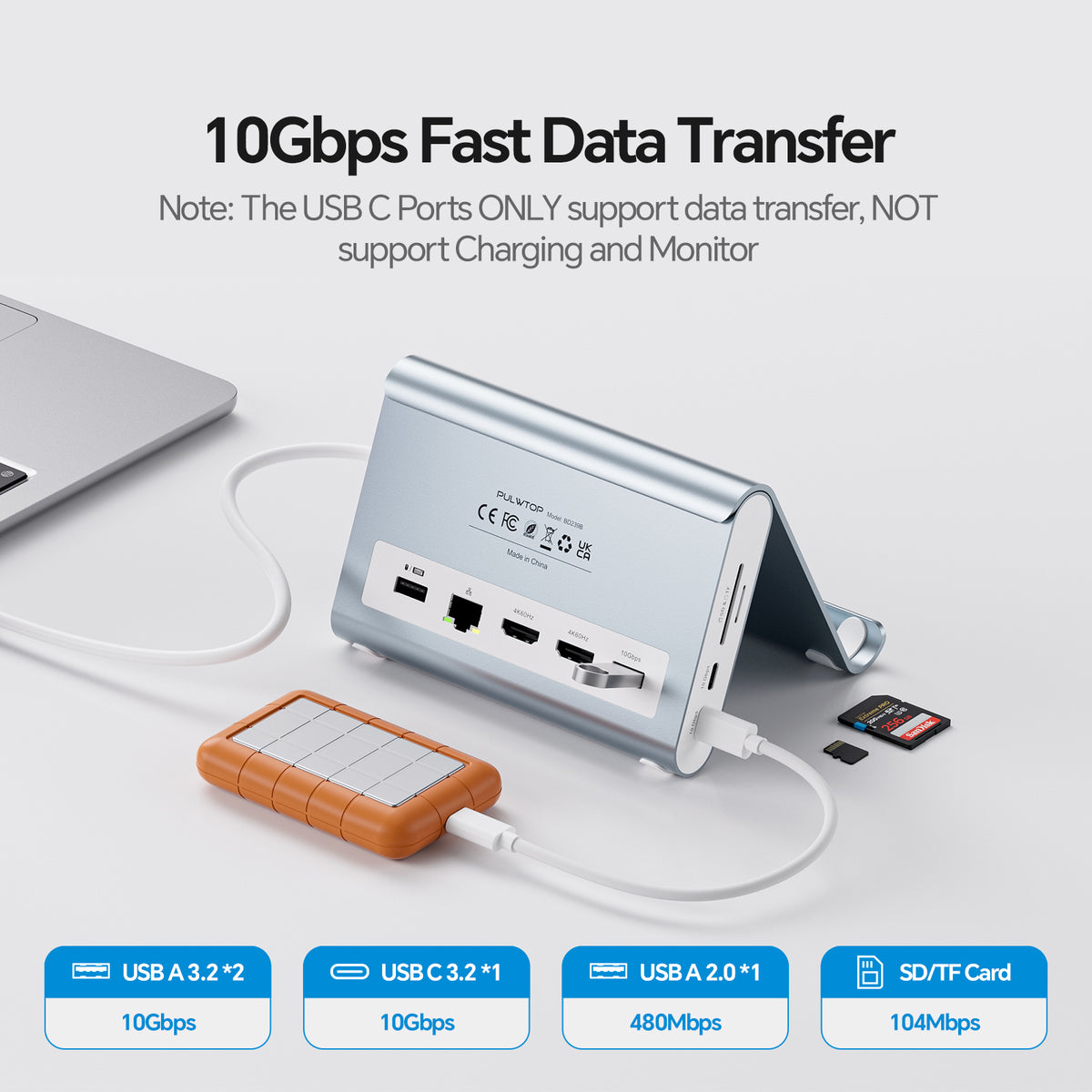 PULWTOP USB C Docking Station Dual Monitor for MacBook Pro/Air M4/M5 (2X 4K@60Hz HDMI, 10Gbps USB A/C) - Sky Blue