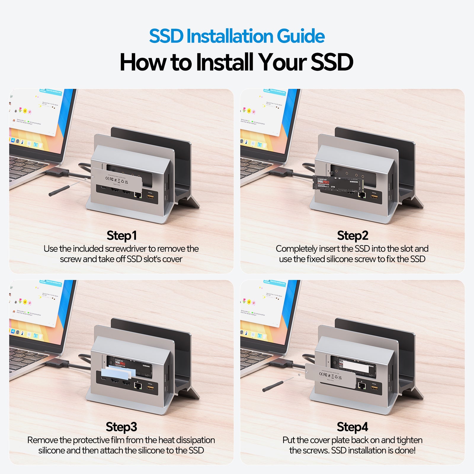 MacBook Docking Station Dual Monitor with 2 HDMI 4K@60Hz, USB A/C 10Gbps, Vertical Dock Stand for MacBook Pro Air M3 M4