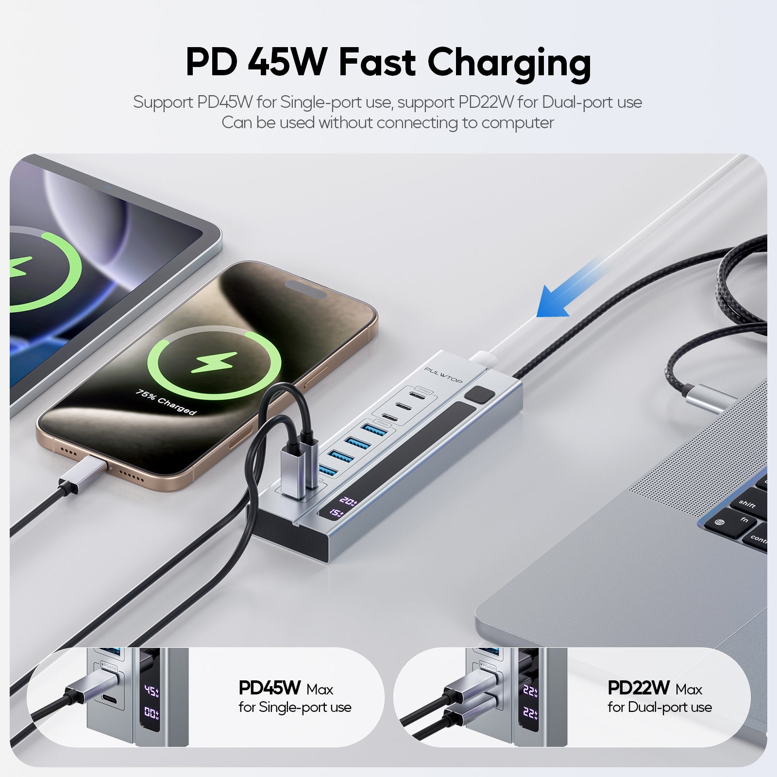 PULWTOP 9-in-1 USB 3.2 Data Hub, Power Adapter NOT Included, Powered USB C Hub with 3 x USB-C 10Gbps, 4 x USB-A 5Gbps and 2 x 24/45W USB-C PD Charging Ports USB Hub for MacBook Laptops Tablets