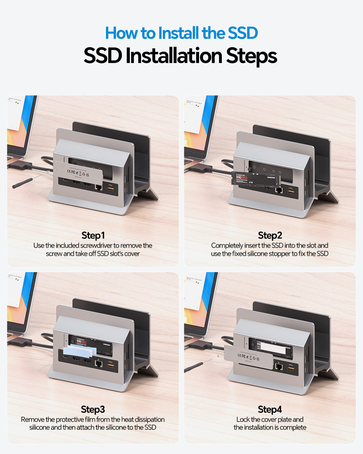 MacBook Docking Station Dual Monitor with 2 HDMI 4K@60Hz, USB A/C 10Gbps, Vertical Dock Stand for MacBook Pro Air M3 M4