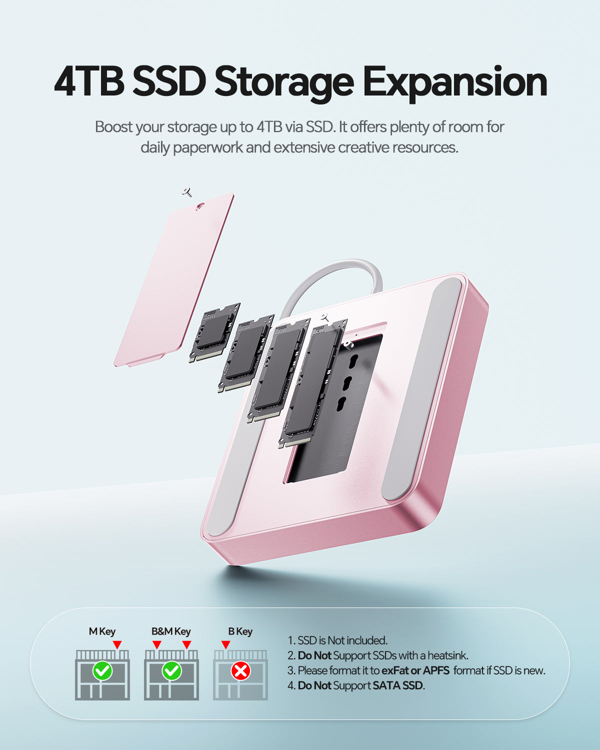 PULWTOP USB C HUB for iMac M4 with M.2 4TB SSD NVMe Enclosure( 7-in-1, M.2 SSD case, Pink)