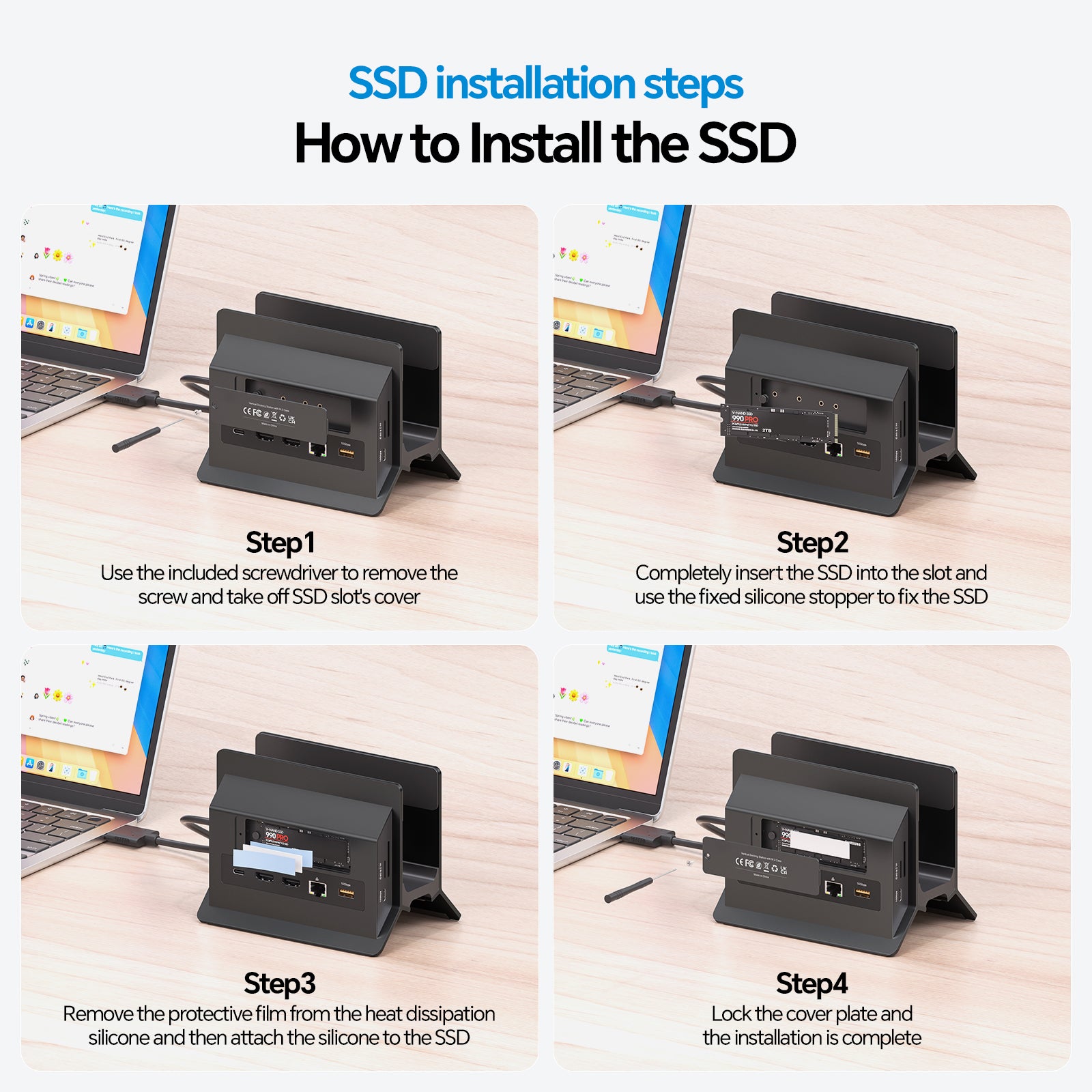 PULWTOP MacBook Docking Station Dual Monitor 4K@60Hz for MacBook Pro/Air M5/M4 (M.2 NVMe SSD Enclosure, 2 HDMI, 10Gbps USB A/C) - Black