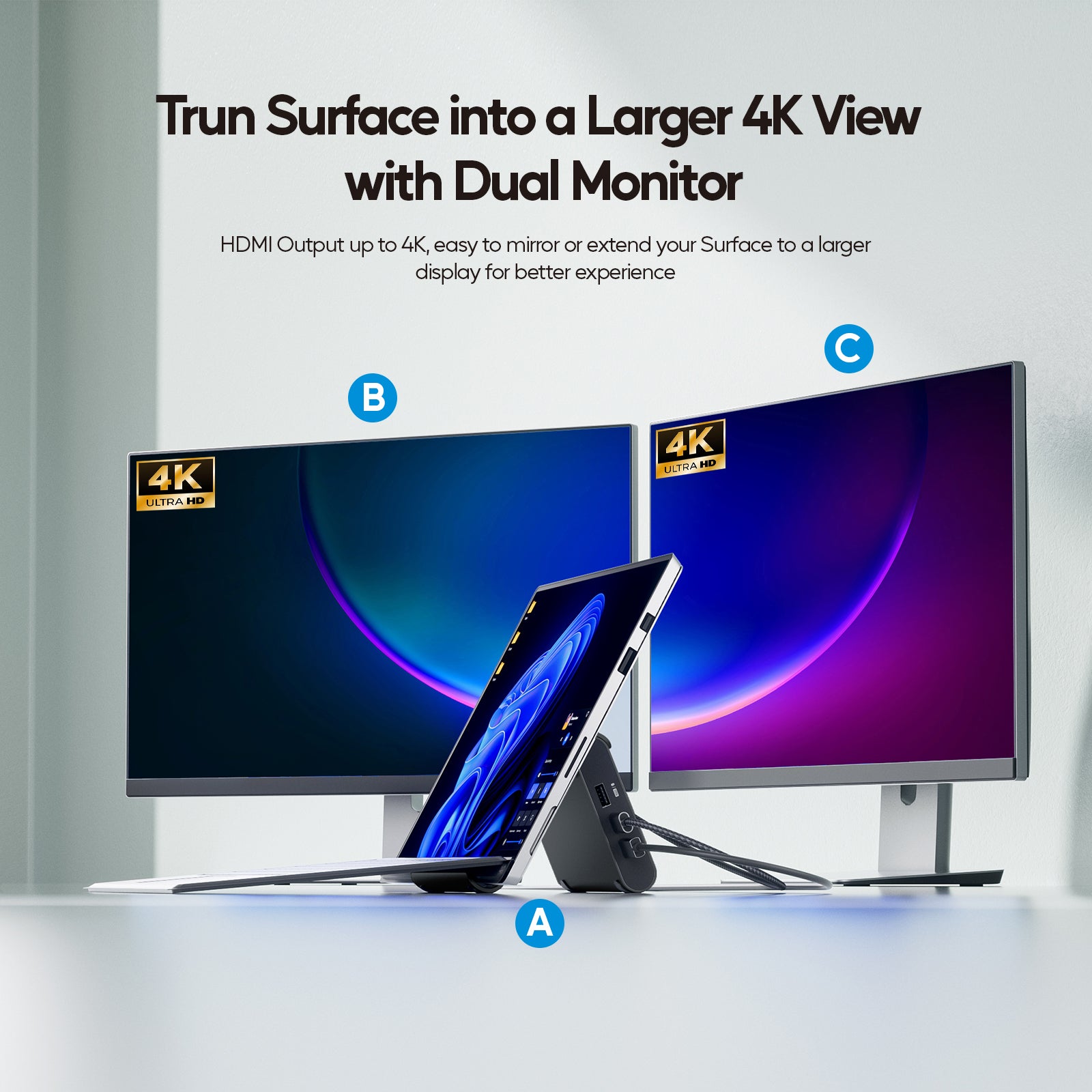 PULWTOP Laptop Docking Station Dual Monitor, Vertical Stand for Surface Pro 11/10/9/8 & Windows Laptops (4K@60Hz HDMI, 3X USB-C/A 10Gbps)
