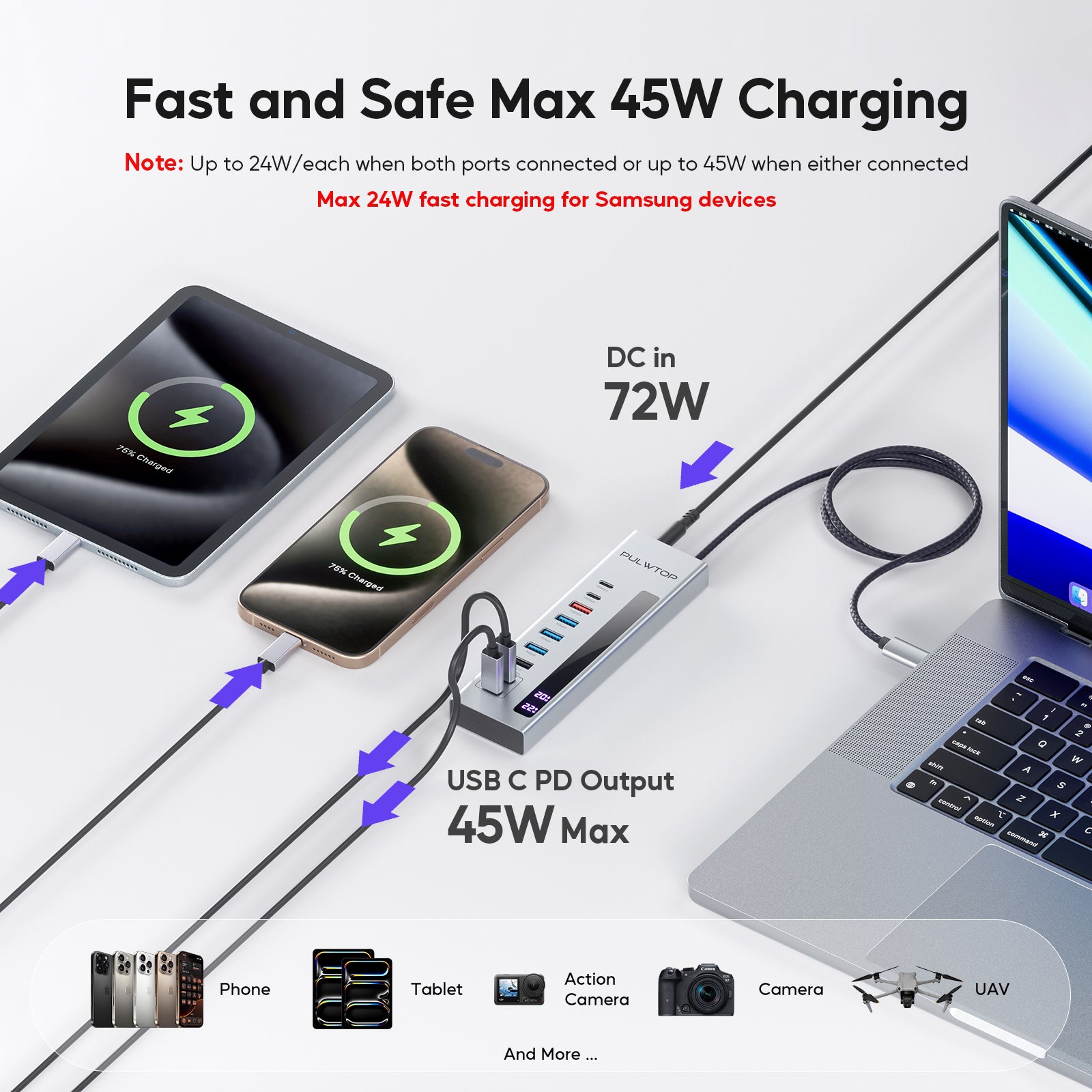 PULWTOP 10-in-1 Powered USB C Hub with 3 x USB A/C 10Gbps, 3 x USB-A 5Gbps, USB A 2.0, 100W USB-C PD-in, 2 x 24/45W USB-C PD Charging Data Hub for PC Laptops (72W Adapter Included)