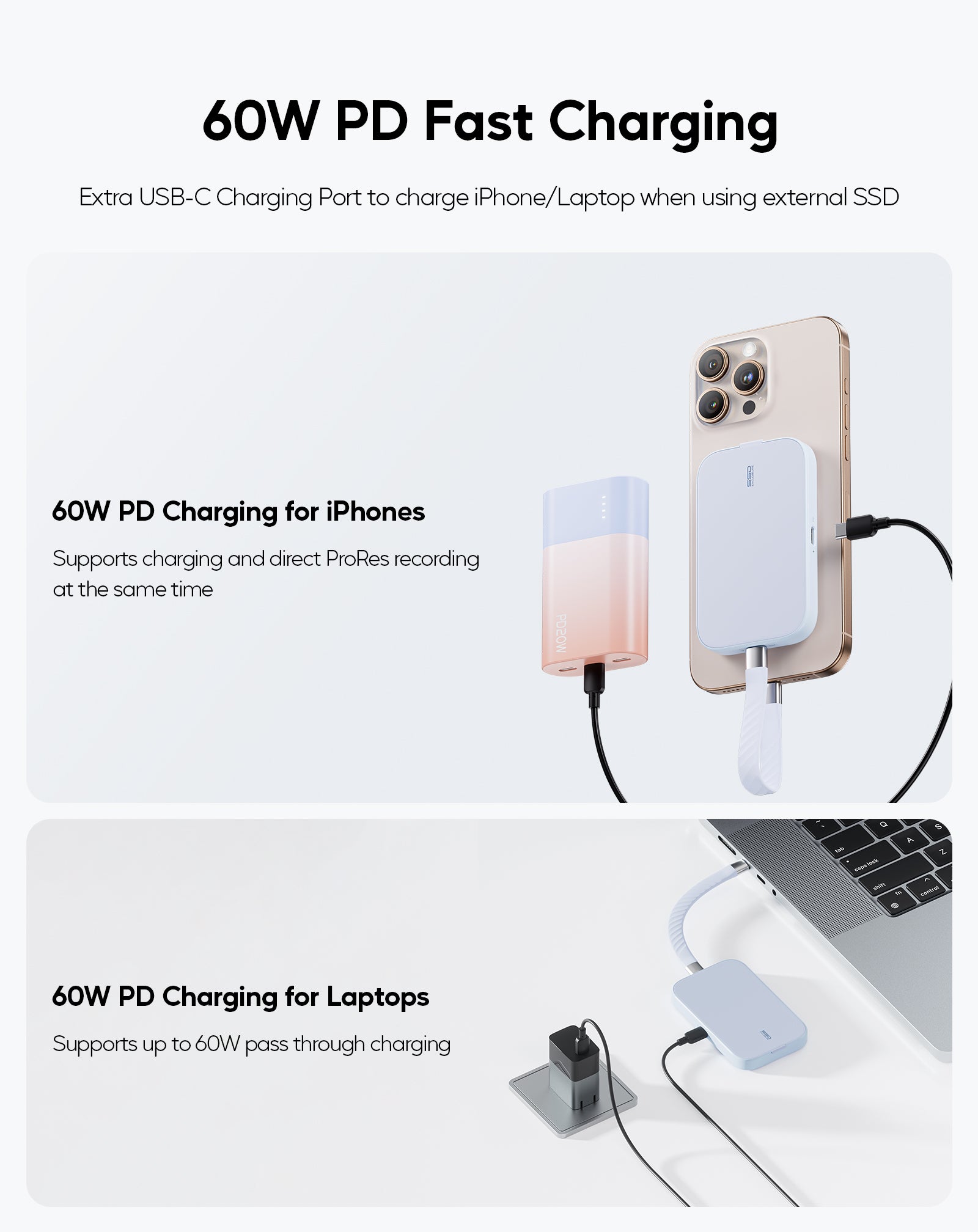 Magnetic SSD Enclosure for iPhone 15 Pro/Max ProRes, M.2 2230/42/60/80 SSD to USB C Enclosure, Support 10Gbps Data, 60W PD Charging and 3.5mm Audio/Mic NVMe SSD Reader (SSD Not Included)