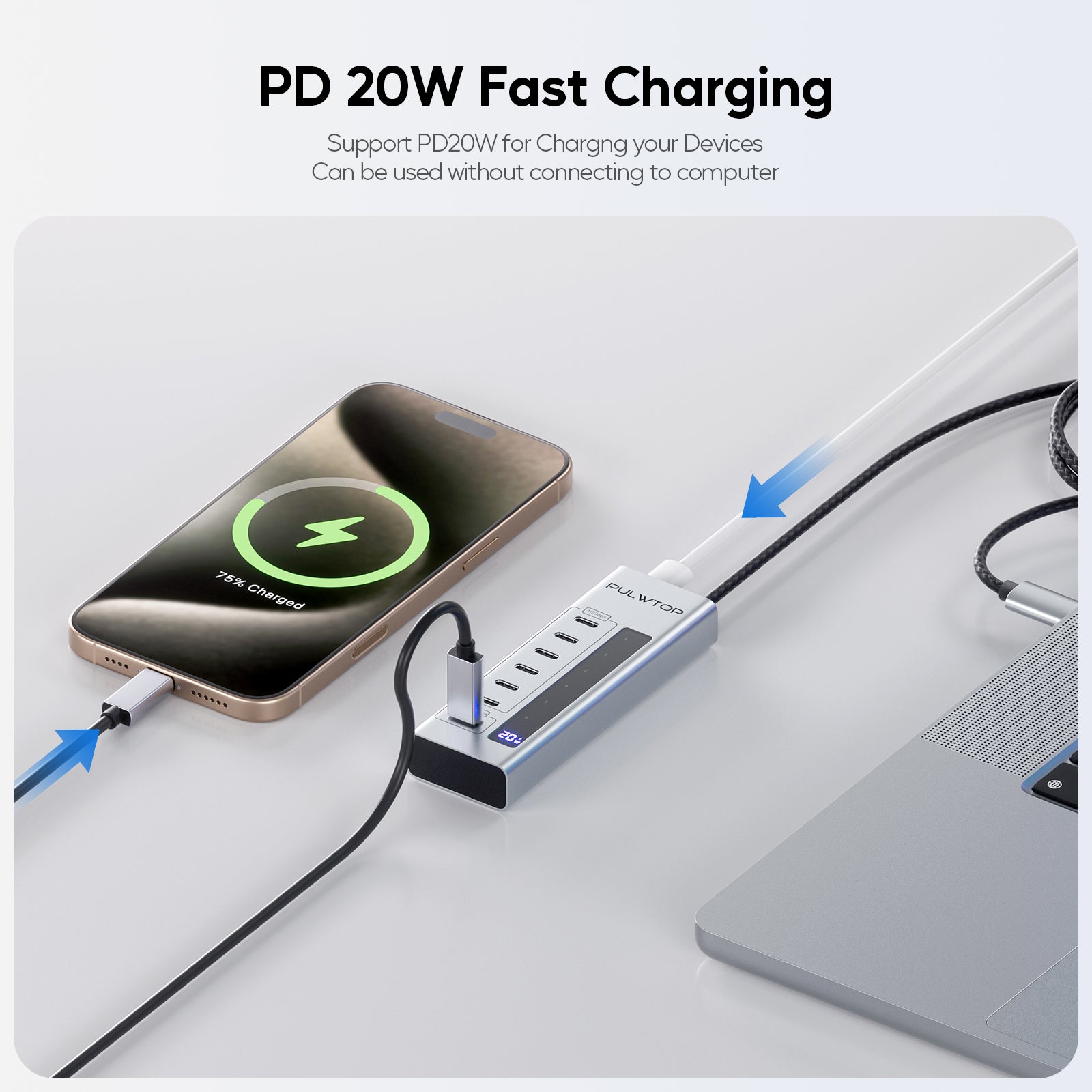 PULWTOP Powered USB C Hub, 7-in-1 USB C Hub Support 10Gbps Data&20W Charging, USB-C HUB Adapter for MacBook, iMac, iPad, Phone, and Other Laptops. (Not Support Video and Power Adapter Not Included)