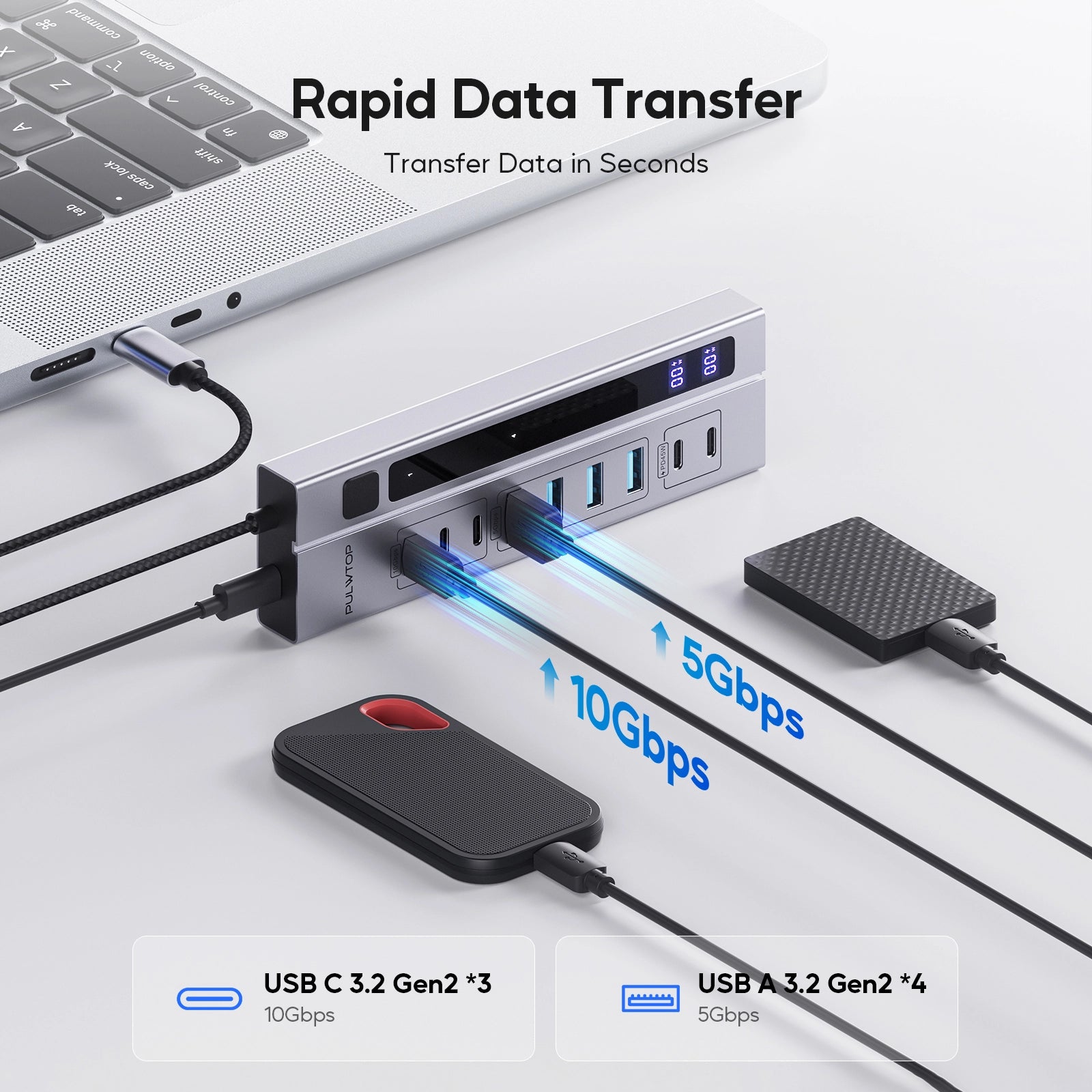 PULWTOP 9-in-1 Powered USB C Hub, USB 3.2 Data Hub with 65W PD-in Power Adapter