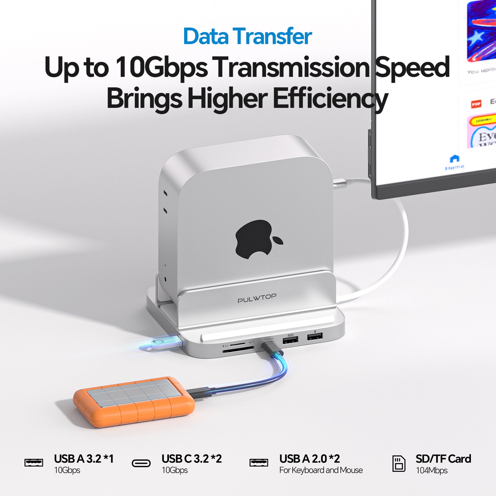 PULWTOP Mac Mini M4 Dock& Stand（9-in-1, M.2 SSD case, HDMI 4K, 10Gbps）
