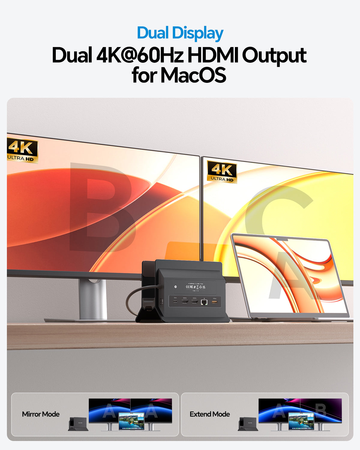 PULWTOP MacBook Docking Station Dual Monitor for MacBook Pro/Air M5/M4 (M.2 NVMe SSD Slot, 2 HDMI, 10Gbps USB A/C) - Black