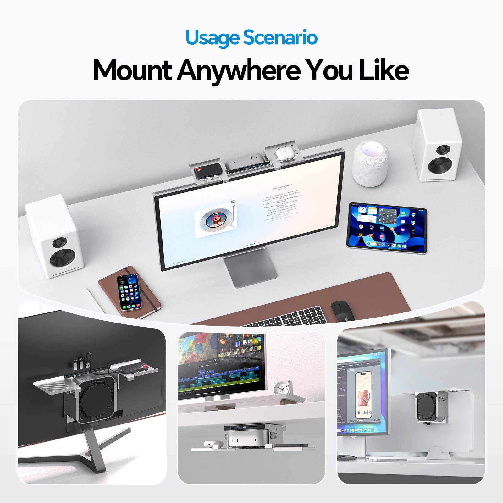 PULWTOP Mac mini M4 Dock & Stand, Metal Bracket Holder for Monitor, Desk and VESA Port (9-in-1, 8TB M.2 SSD case, HDMI 4K)