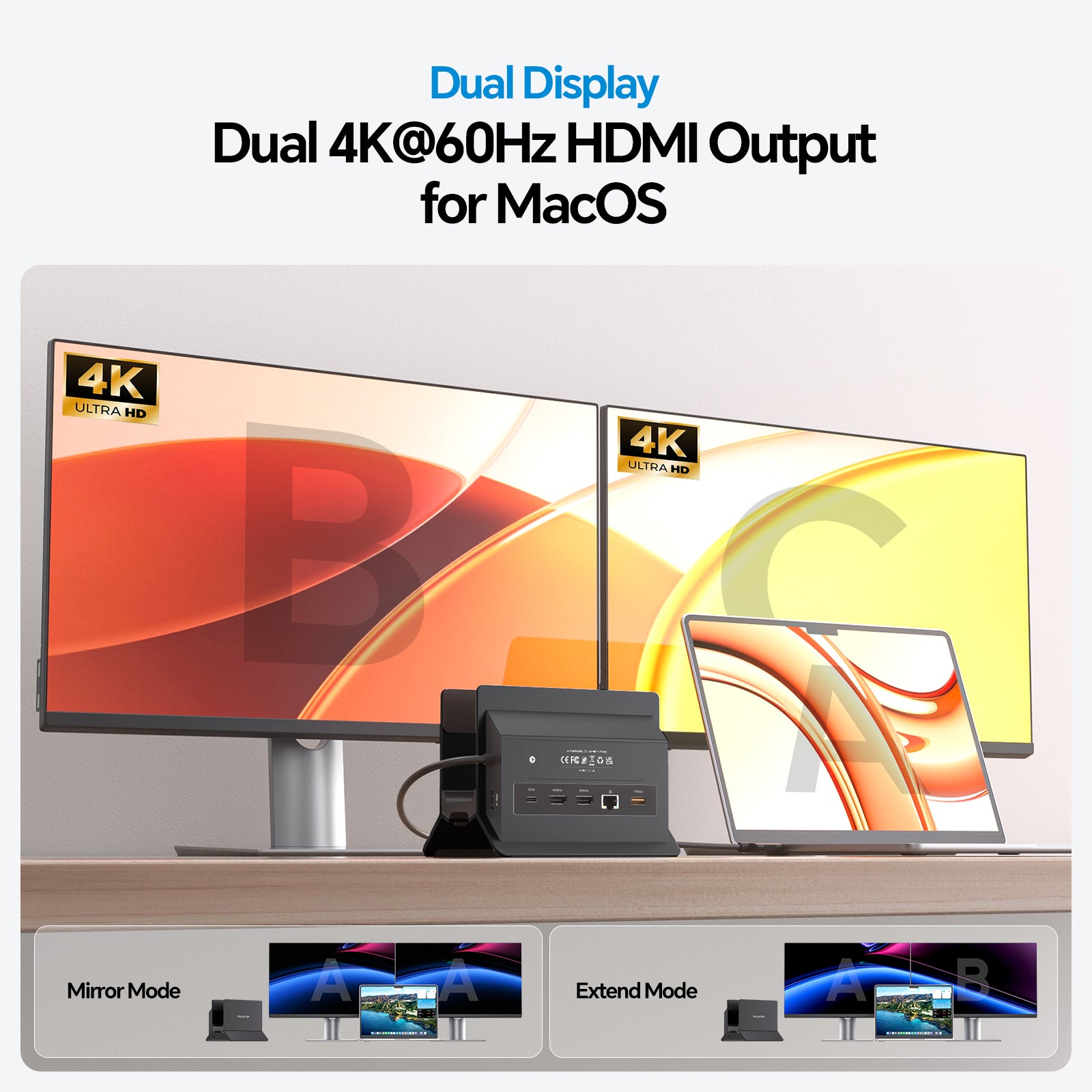 PULWTOP MacBook Docking Station Dual Monitor 4K@60Hz for MacBook Pro/Air M5/M4 (M.2 NVMe SSD Enclosure, 2 HDMI, 10Gbps USB A/C) - Black