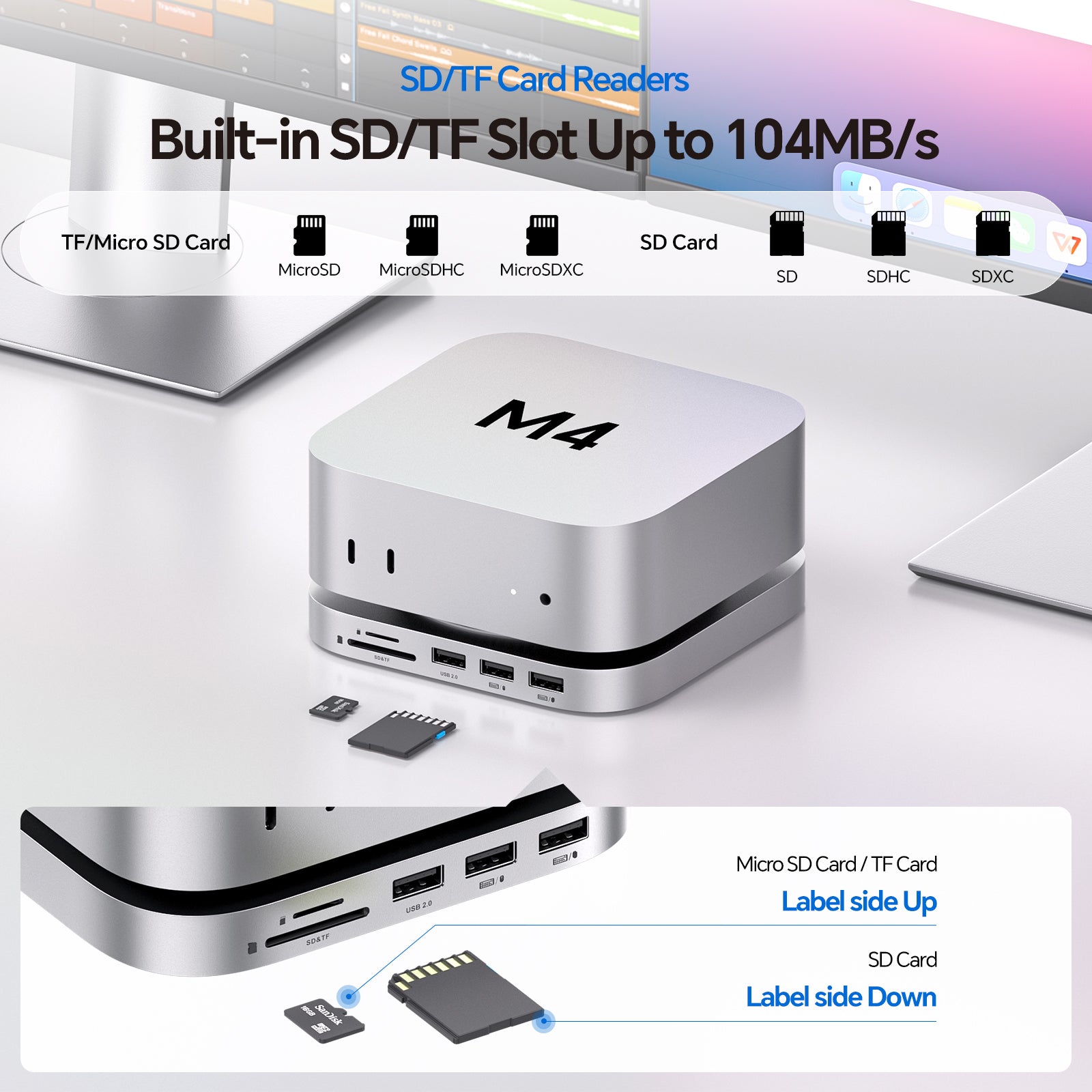 Mac Mini M4 Dock Stand with DP 4K 144Hz & HDMI 4K 60Hz, Mac Mini M4 Pro Hub with 4TB NVMe SSD Enclosure (SSD NOT Included), 3 USB A 2.0, SD/TF 3.0, 3.5mm Audio/Mic