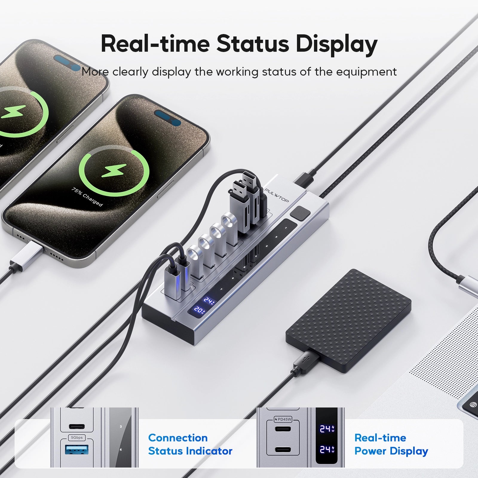 PULWTOP 9-in-1 Powered USB C Hub, USB 3.2 Data Hub with 65W PD-in Power Adapter