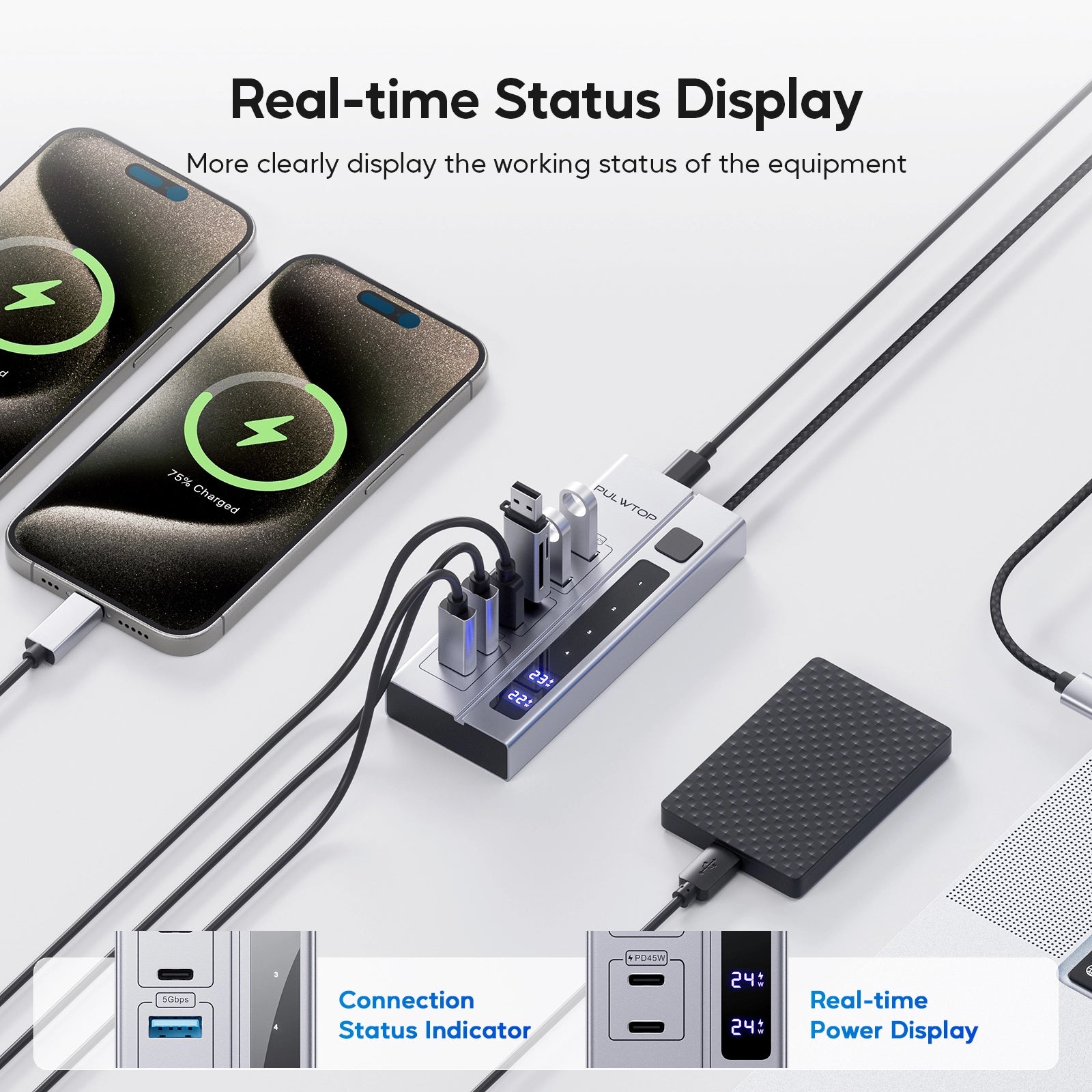 PULWTOP Powered USB C Hub with 65W PD-in Power Adapter