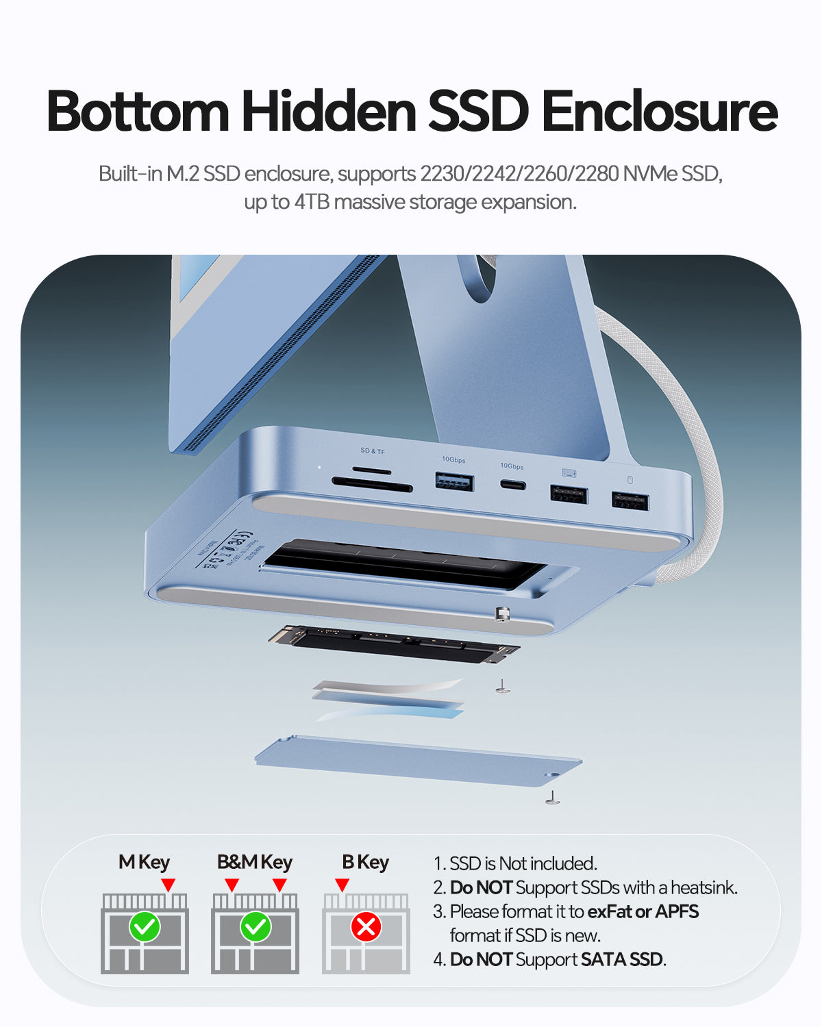 PULWTOP USB C Docking Station For iMac 24" M1/M3/M4 ( 11-in-1, M.2 SSD case, Blue)
