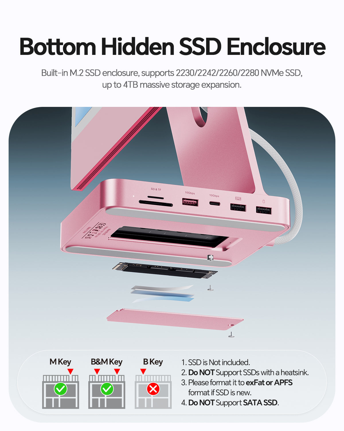 PULWTOP Upgraded 11-in-2 USB C Hub for iMac 24 Inch (HDMI, Ethernet, SSD Slot)Pink