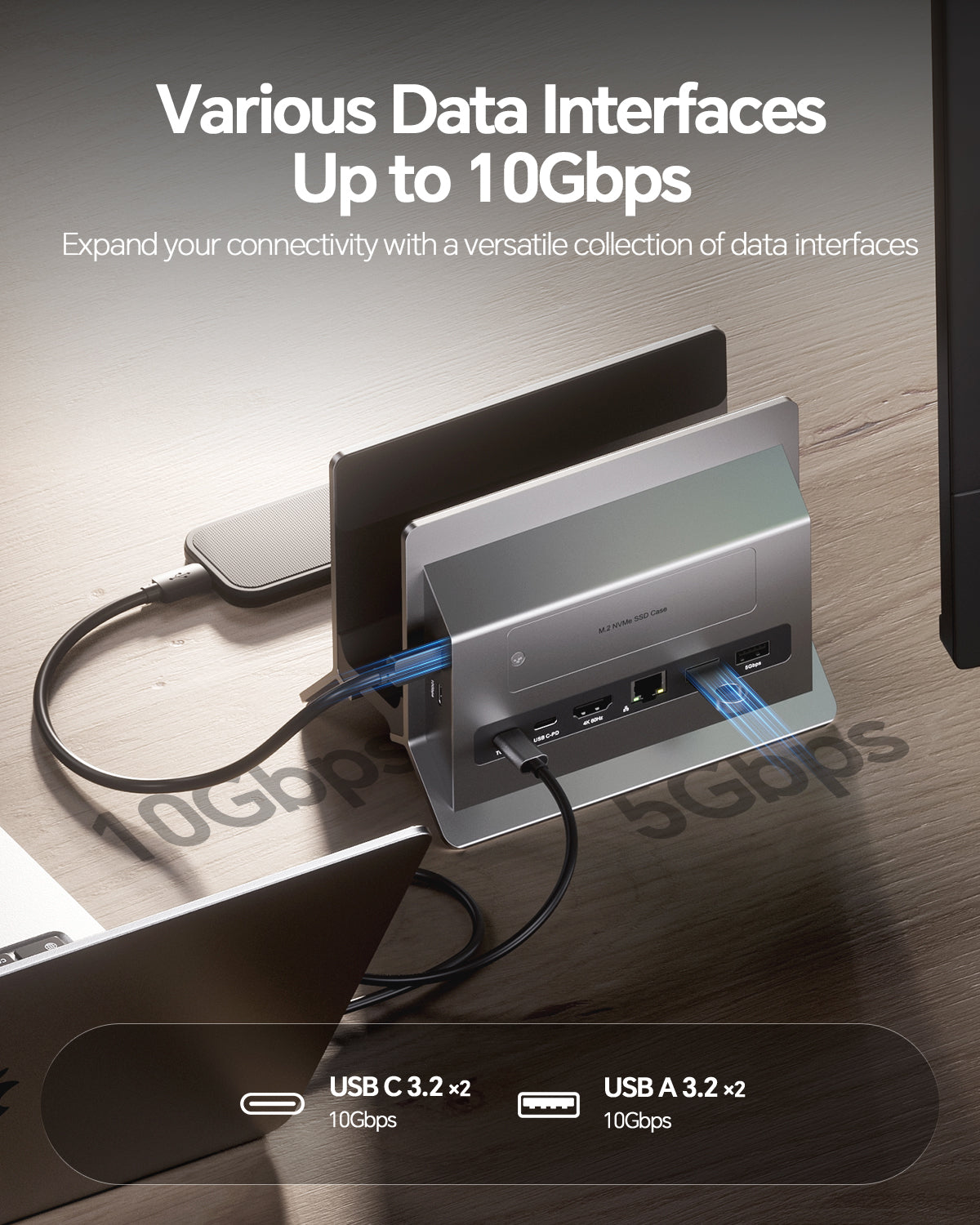 PULWTOP USB C docking station with vertical stand ( 11-in-1, HDMI, USB-C 10Gbps, M.2 NVME SSD case) Grey