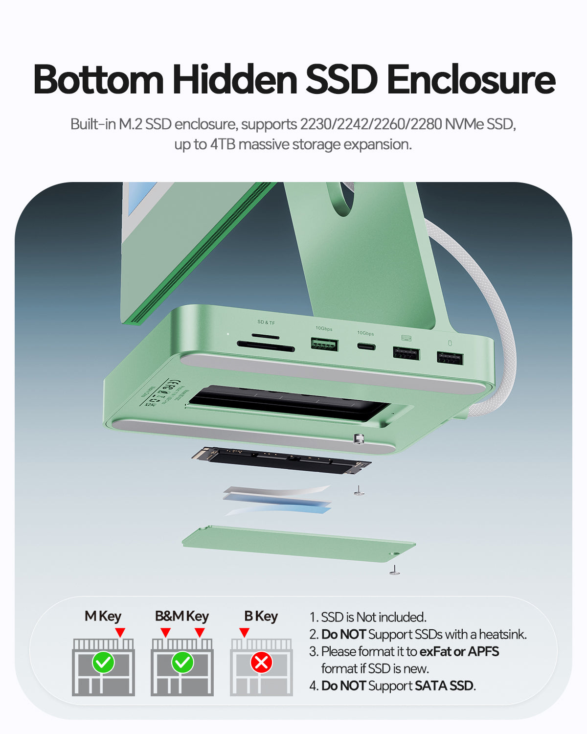 PULWTOP USB C Docking Station For iMac 24" M1/M3/M4 ( 11-in-1, M.2 SSD case, Green)