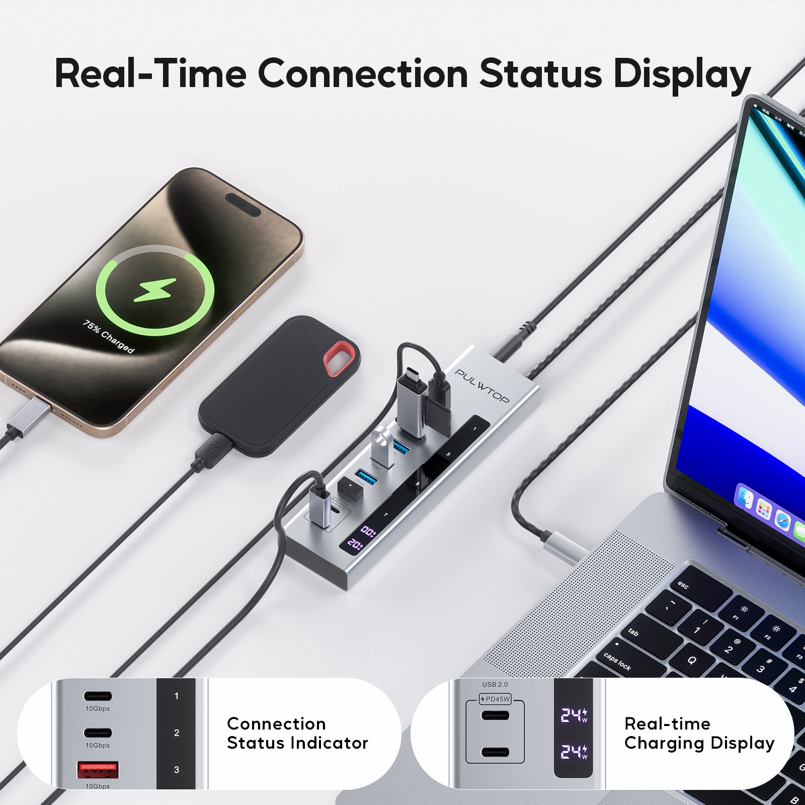 PULWTOP 10-in-1 Powered USB C Hub with 3 x USB A/C 10Gbps, 3 x USB-A 5Gbps, USB A 2.0, 100W USB-C PD-in, 2 x 24/45W USB-C PD Charging Data Hub for PC Laptops (72W Adapter Included)