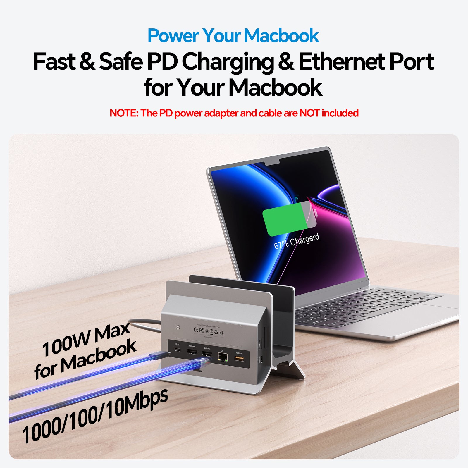 MacBook Docking Station Dual Monitor with 2 HDMI 4K@60Hz, USB A/C 10Gbps, Vertical Dock Stand for MacBook Pro Air M3 M4