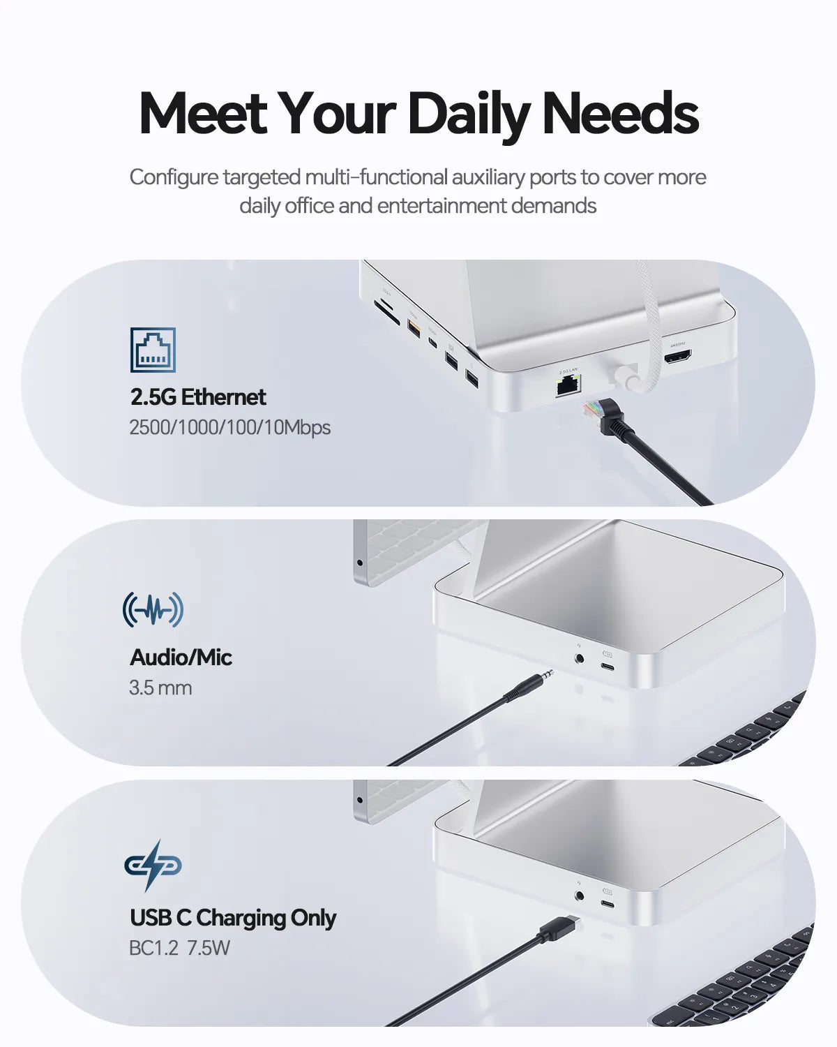 PULWTOP USB C Docking Station For iMac 24" M1/M3/M4 ( 11-in-1, M.2 SSD case, Silver)