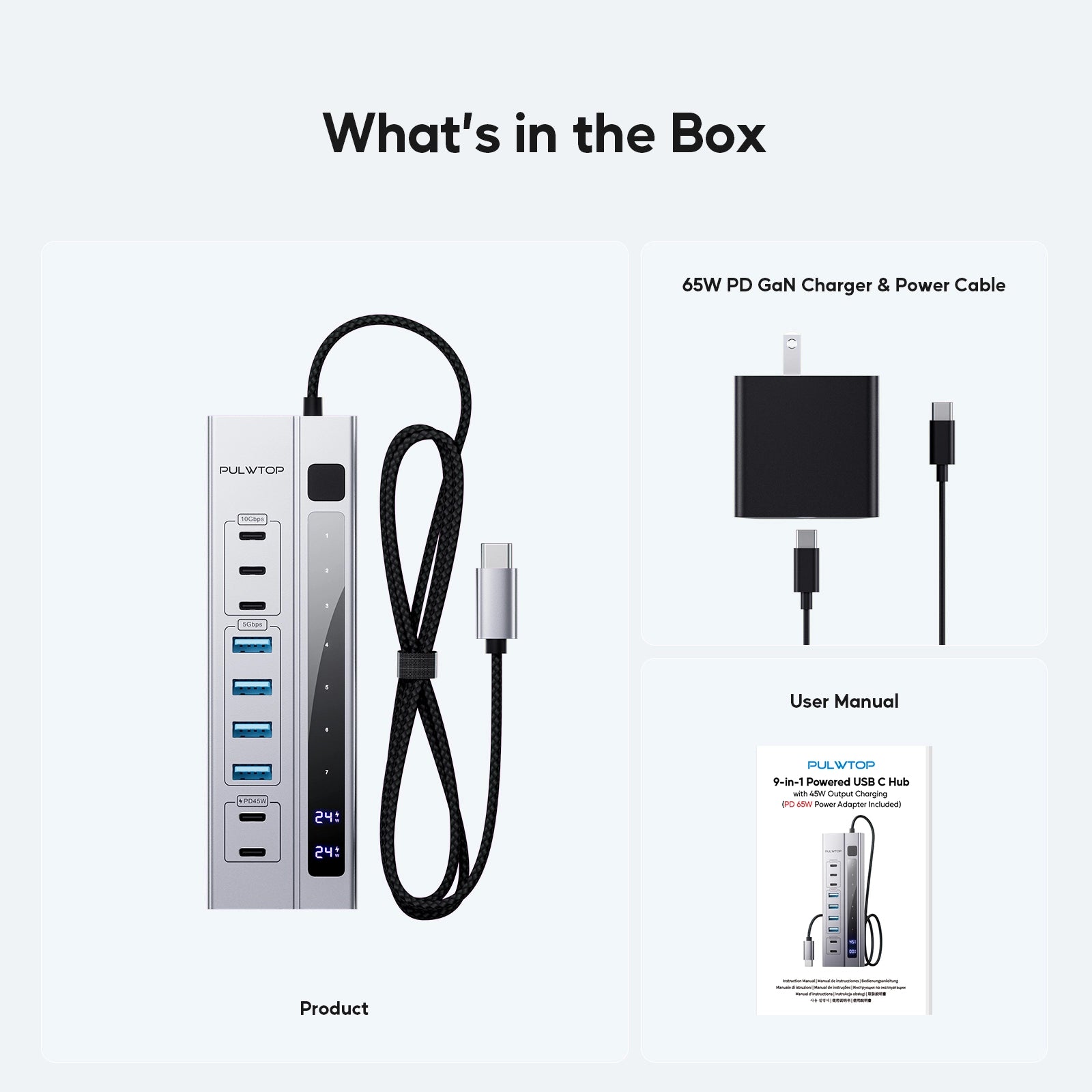 PULWTOP 9-in-1 Powered USB C Hub, USB 3.2 Data Hub with 65W PD-in Power Adapter