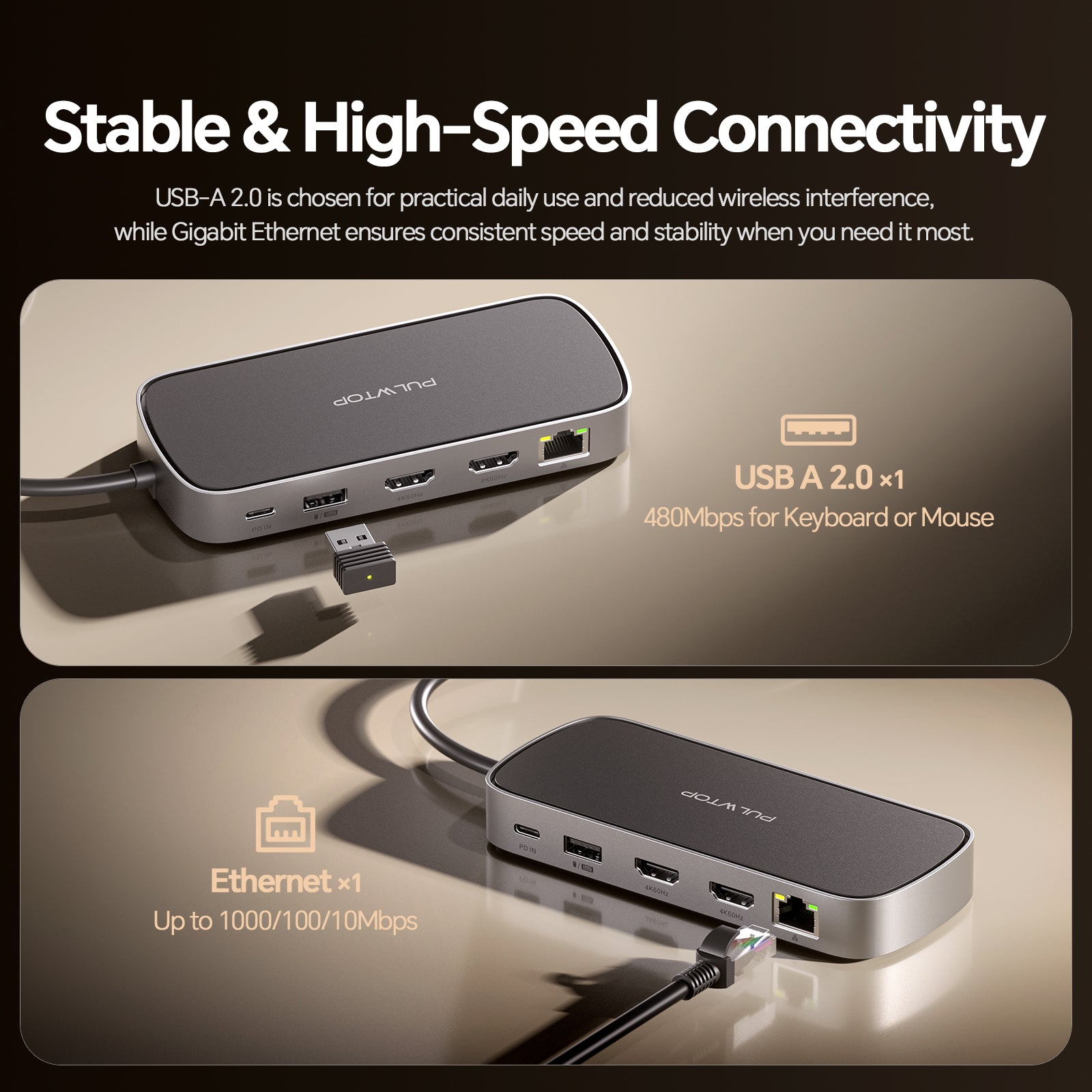 PULWTOP MacBook Pro Docking Station Dual Monitor 4K@60Hz for MacBook Pro/Air M5/M4/M3 Pro & Max, Macbook Pro Dock （2HDMI,PD,Ethernet,USB A/C 10Gbps）