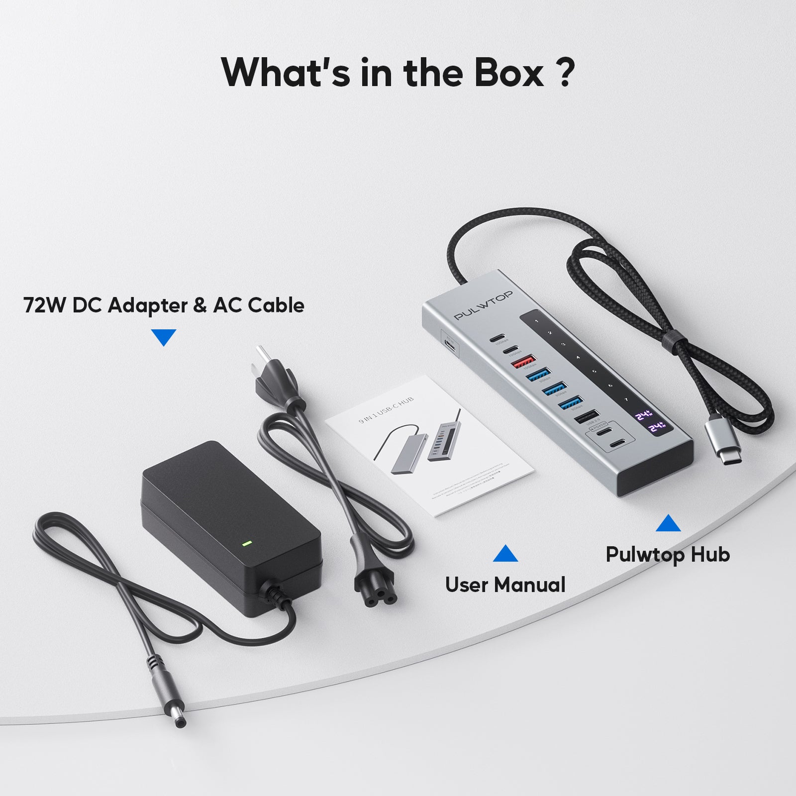 PULWTOP 10-in-1 Powered USB C Hub with 3 x USB A/C 10Gbps, 3 x USB-A 5Gbps, USB A 2.0, 100W USB-C PD-in, 2 x 24/45W USB-C PD Charging Data Hub for PC Laptops (72W Adapter Included)