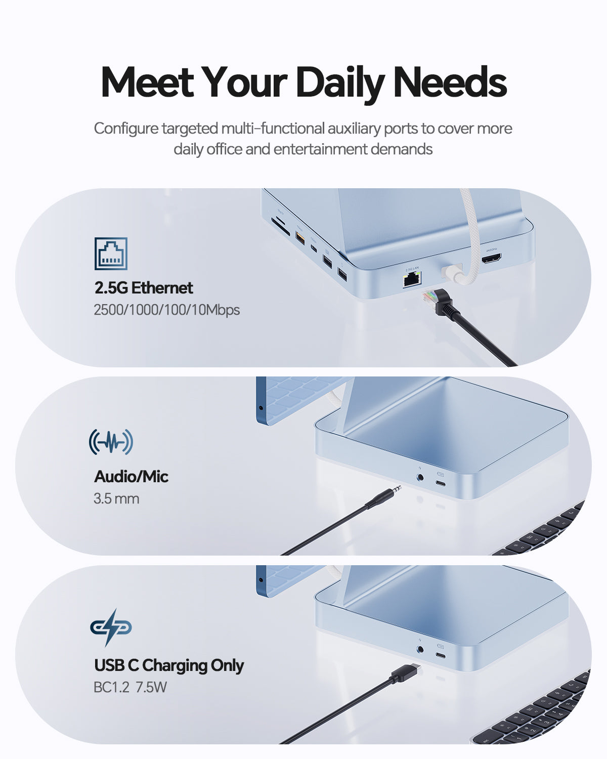 PULWTOP USB C Docking Station For iMac 24" M1/M3/M4 ( 11-in-1, M.2 SSD case, Blue)
