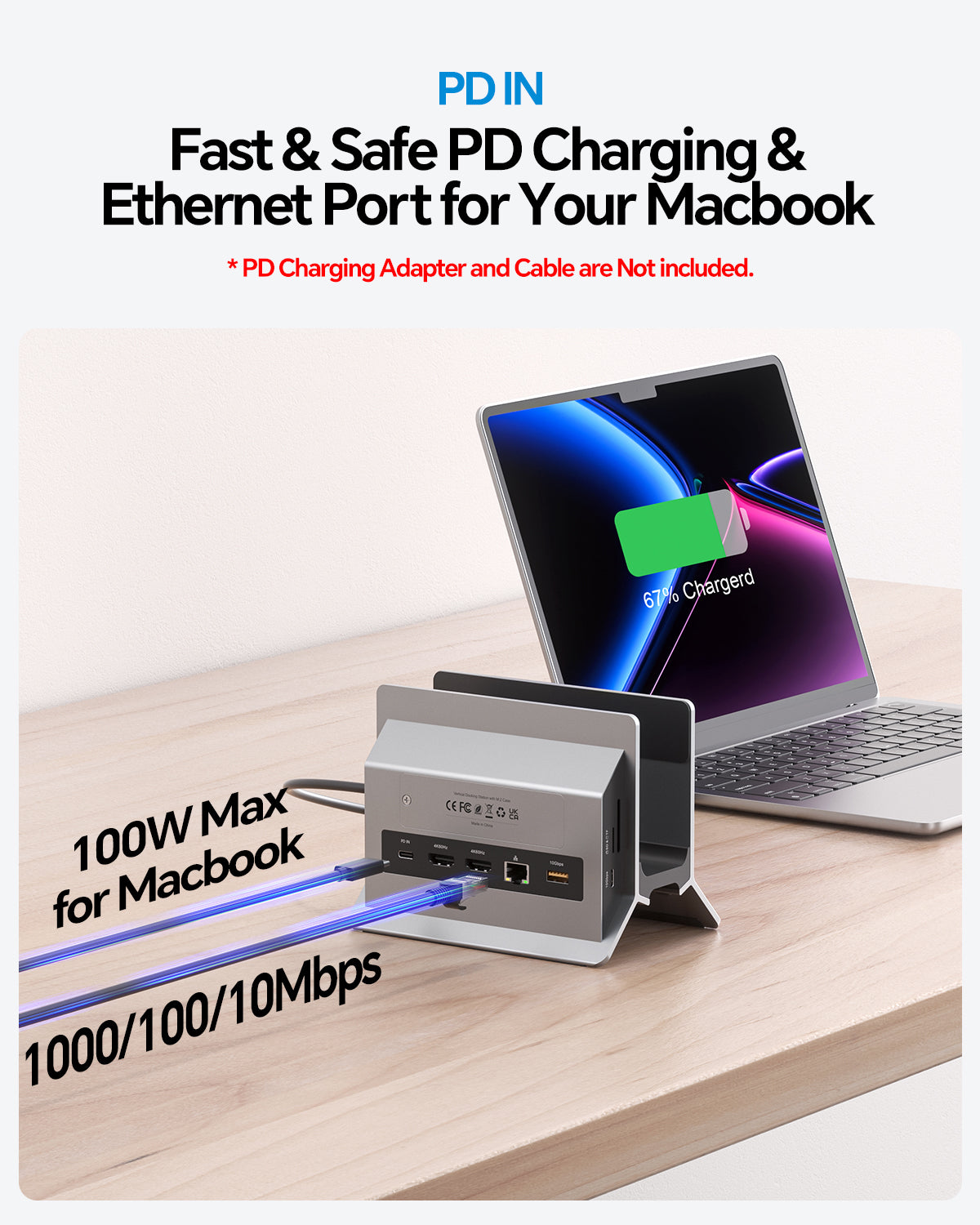 MacBook Docking Station Dual Monitor with 2 HDMI 4K@60Hz, USB A/C 10Gbps, Vertical Dock Stand for MacBook Pro Air M3 M4